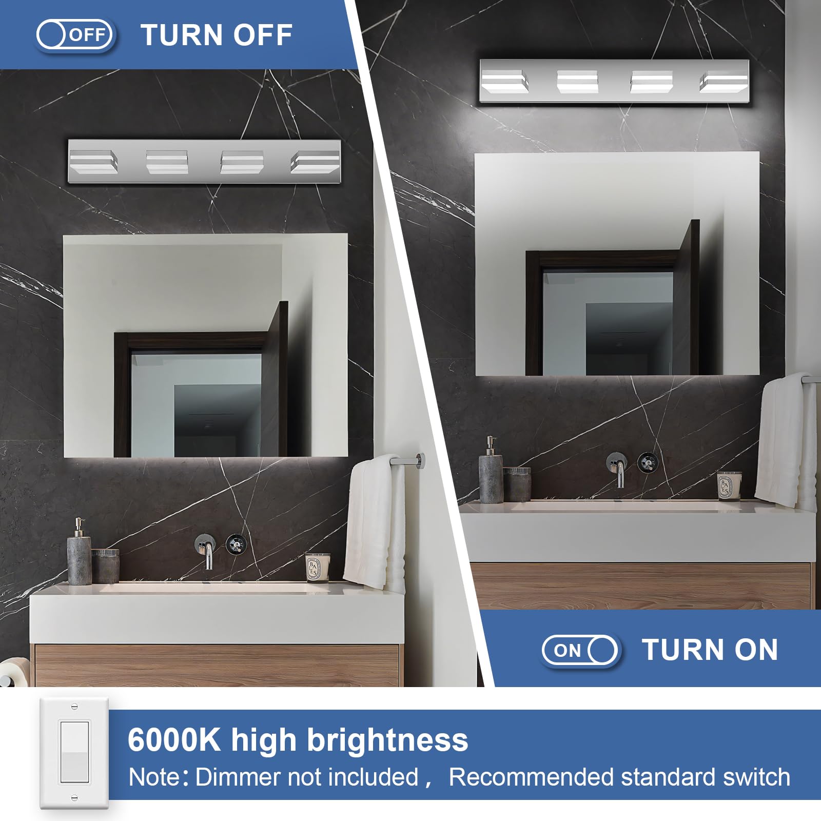 JZEKVN Modern LED Bathroom Vanity Lights, 4-Light Stainless Steel Chrome, 27.17" Acrylic Wall Fixture, Model 202541006, 6000K