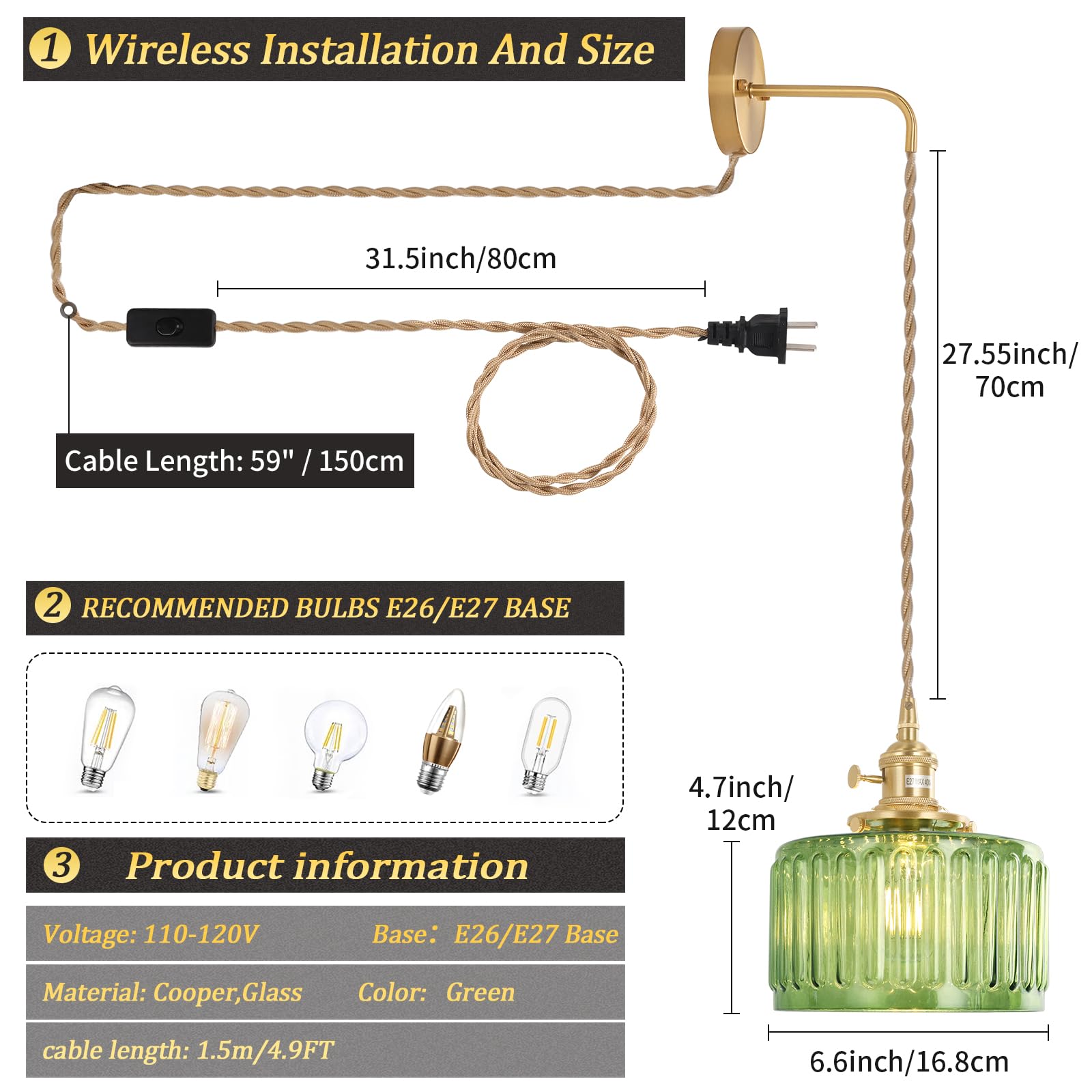 Shenmoyl Vintage Wall Sconce Lamp, Green Striped Glass Shade, Plug in, Brass, Model 1-9390