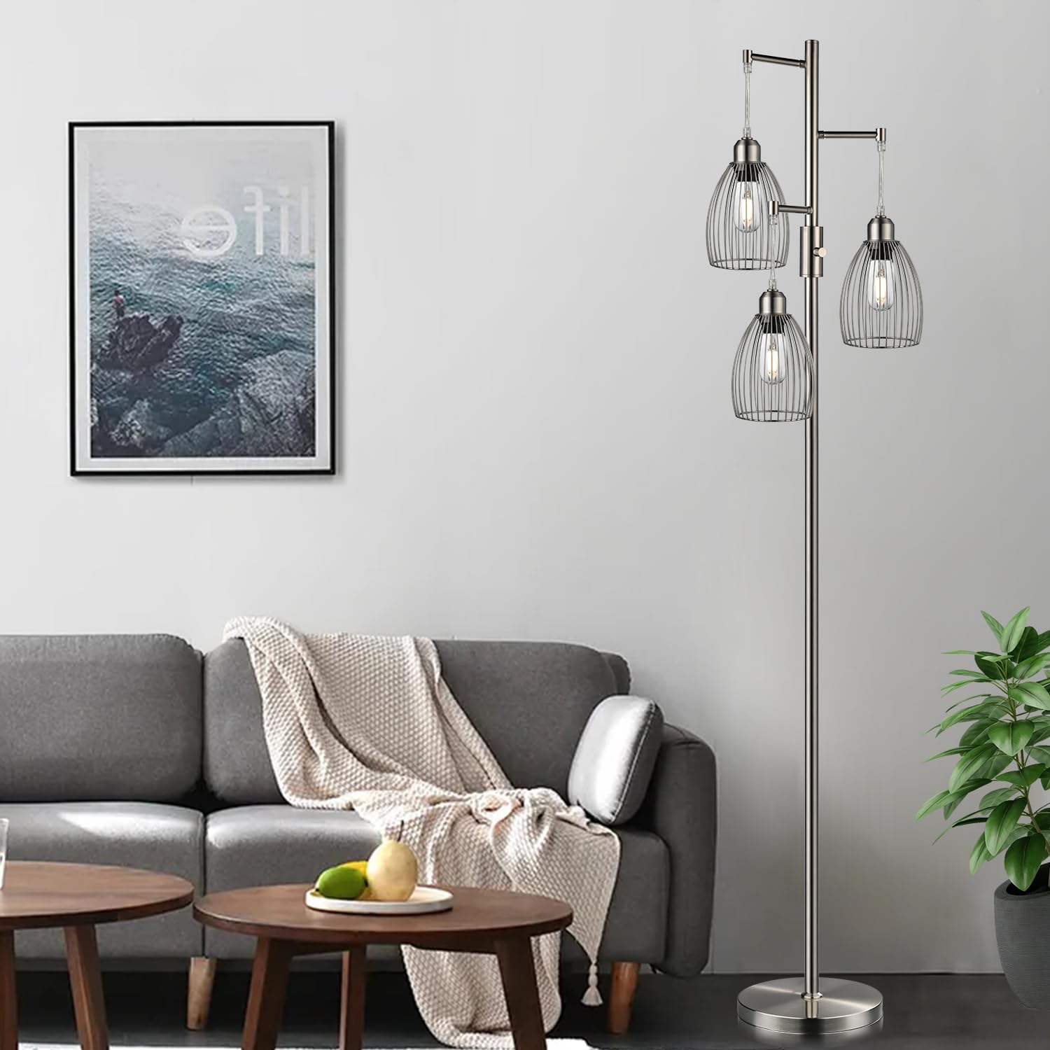 Dimmable Floor Lamp, Metal, 3 X 800Lm Led Edison Bulbs Included, Industrial Floor Lamp Standing Tree Lamp With Elegant Teardrop
