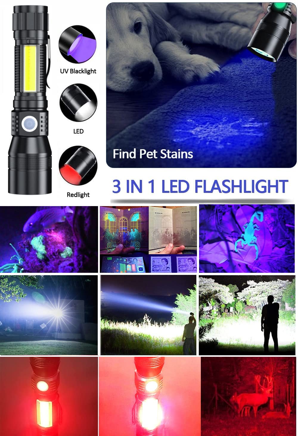 Hoxida Black Light Uv Flashlight - 2000 Lumen Tactical Led, 3-In-1 Modes, Rechargeable, Waterproof, 2Pcs, Aluminum