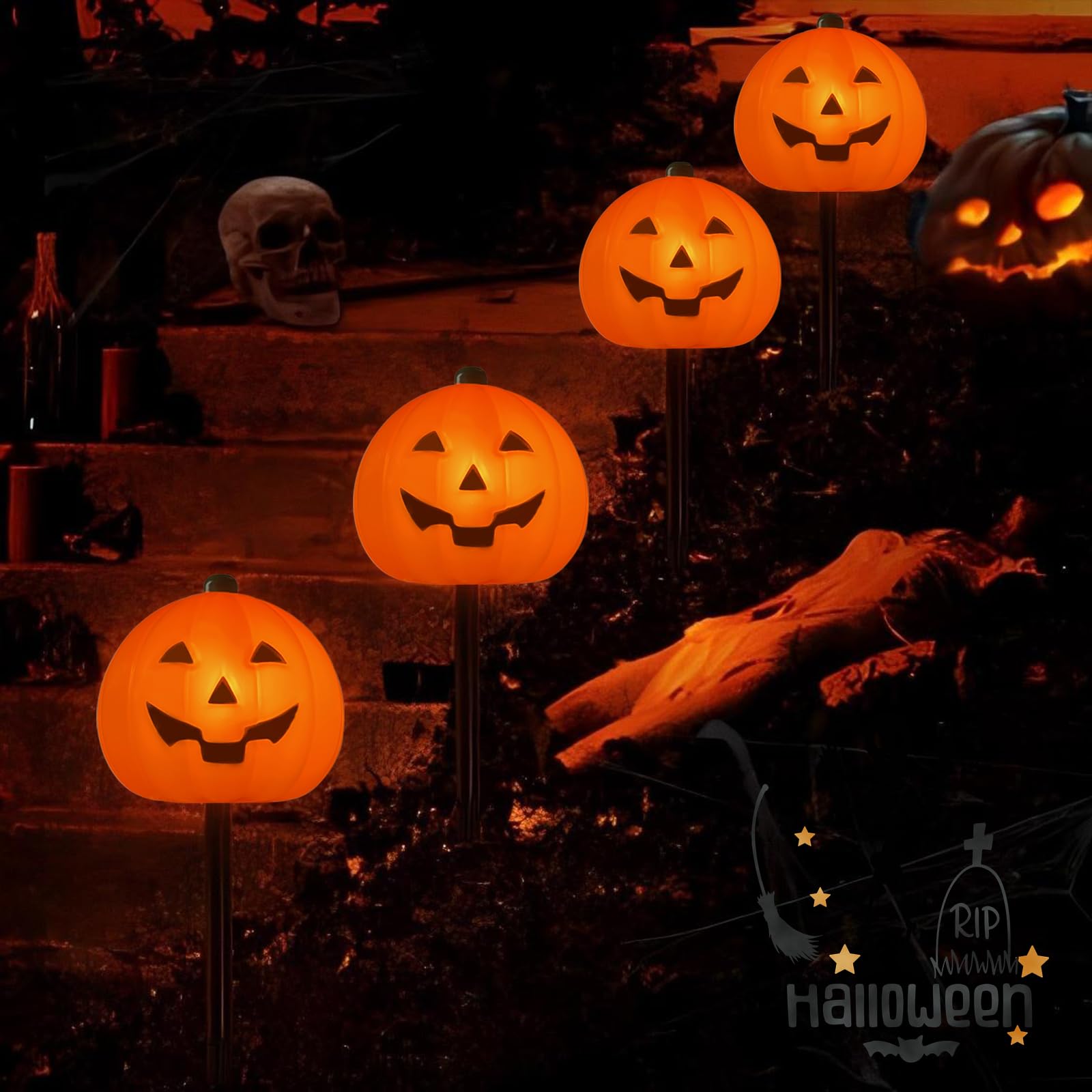 Egcol 4 Pack Halloween Pumpkin Pathway Lights - 7Ft Outdoor Decorative String Lights With 4 Jack-O-Lantern Stake Lights For Hall