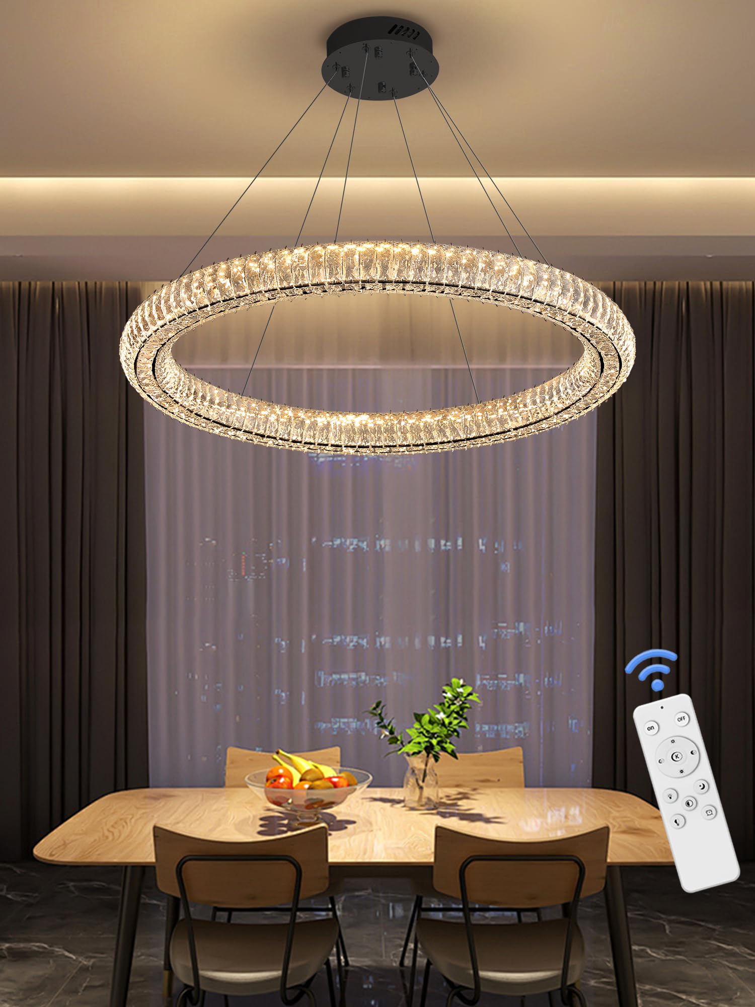 IDEQUY Modern Black Crystal Chandelier Dimmable LED 47.5 Ring Pendant Light Adjustable Round Crystal Chandelier Light Fixtures for Dining Room Living Room