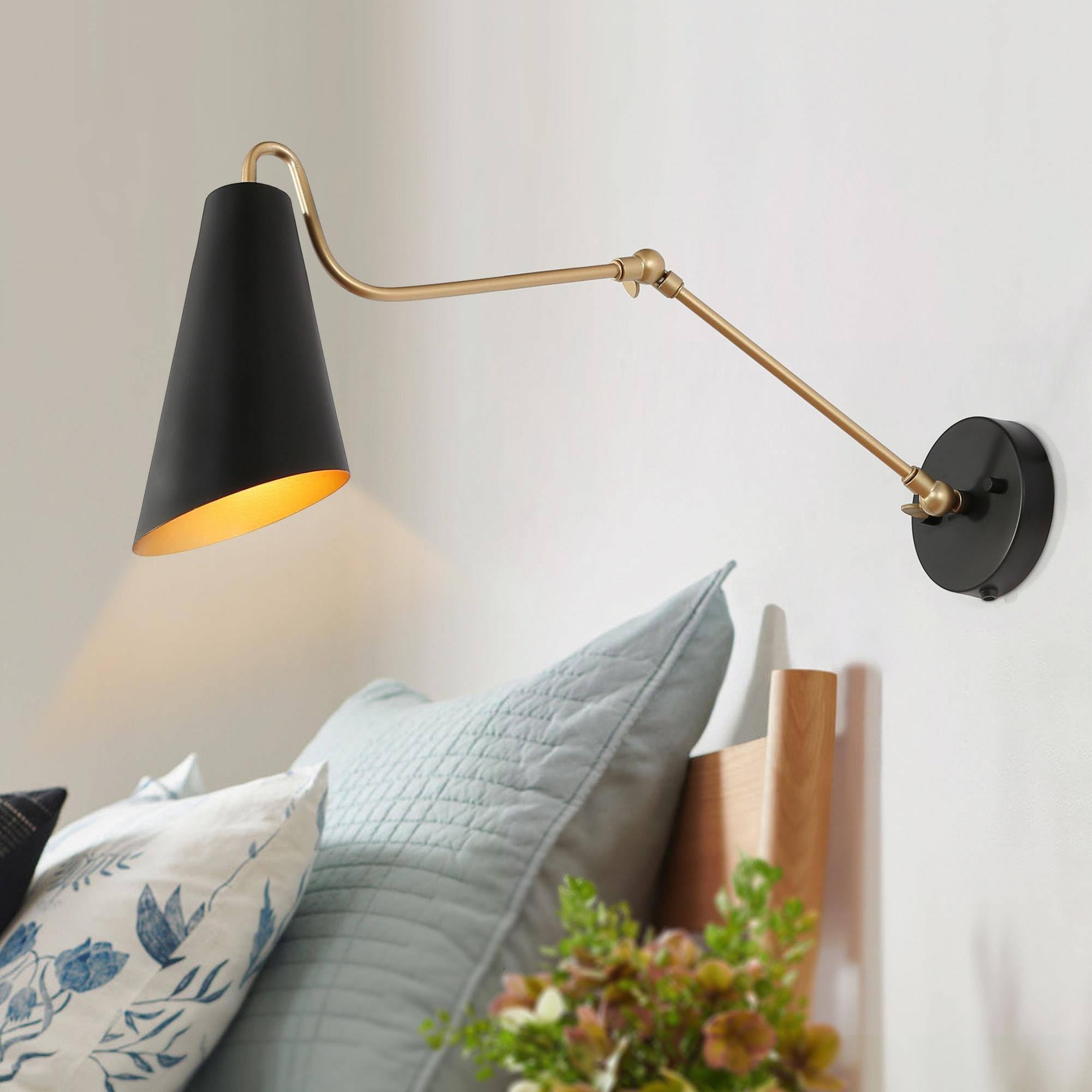 KSANA Modern Swing Arm Wall Lamp, Plug in or Hardwired Wall Sconces Lighting, Black and Gold Adjustable Light Fixture with On/Of