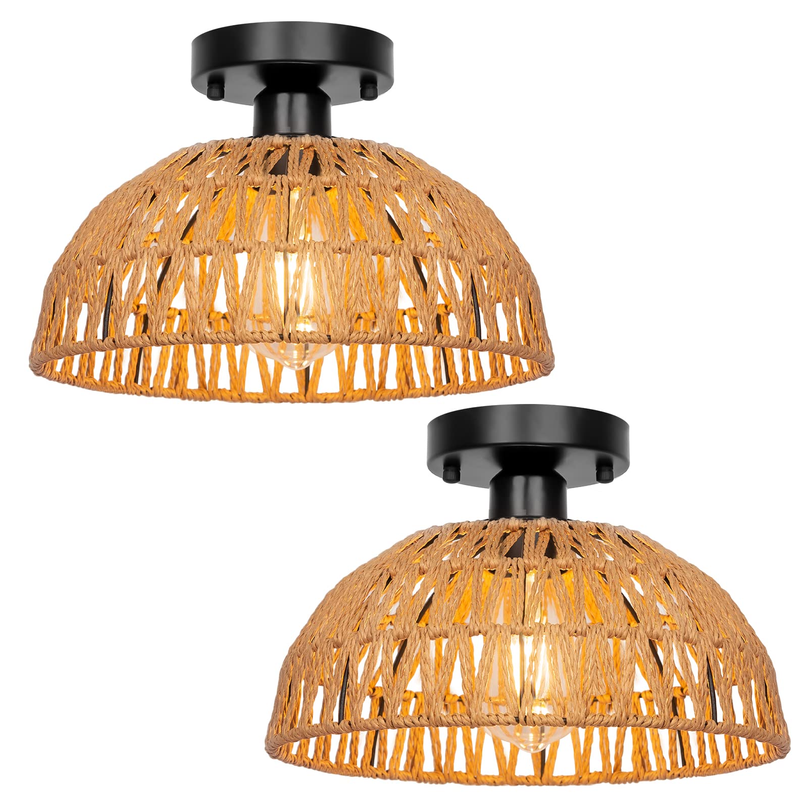 12.2'' Rattan Ceiling Light Fixtures 2 Packs, Rustic Woven Basket Flush Mount Ceiling Light, Handmade Wicker Ceiling Lamp, Ratta