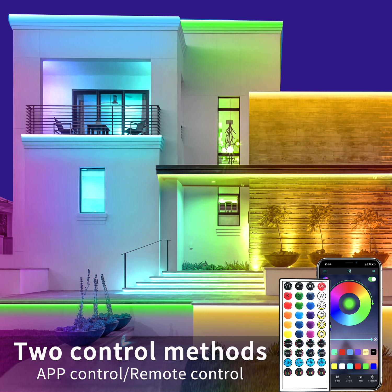 vimeepro LED Strip Lights, 66ft Waterproof RGB Lights with Remote & App Control, Model vimeepro-ledFS5M01