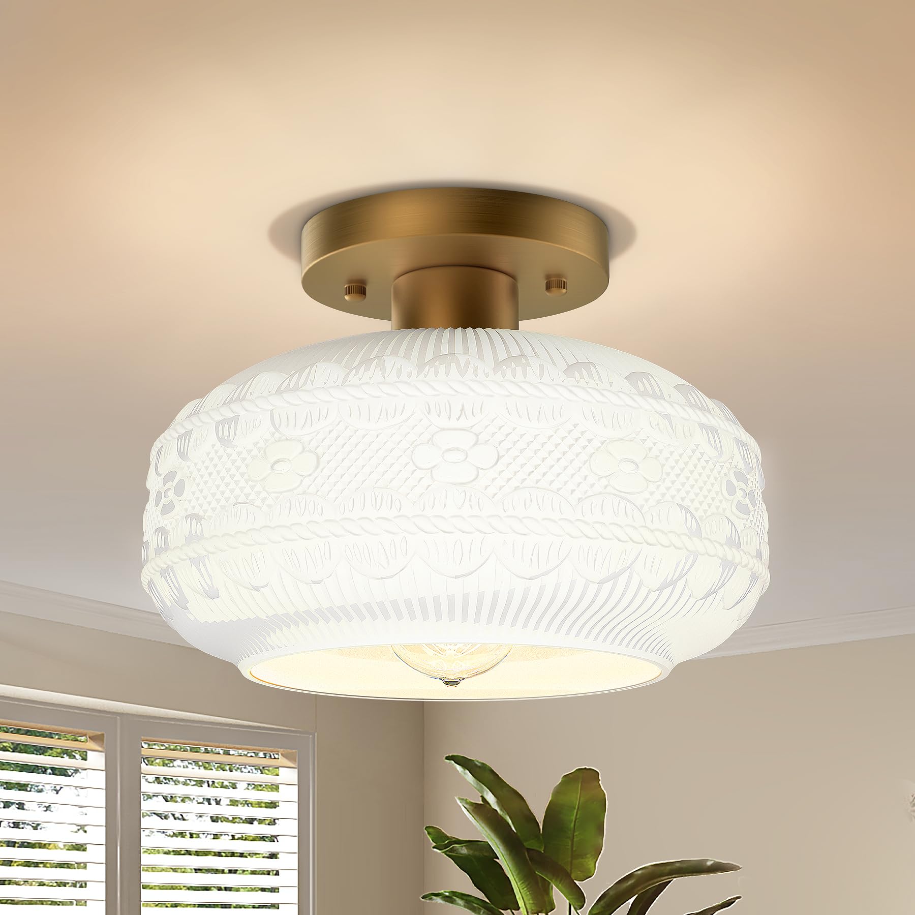 APOTO Gold Semi Flush Mount Ceiling Light Fixture,Globe Glass Hallway Lights Fixture Ceiling Light with Milk Glass,Vintage Kitch