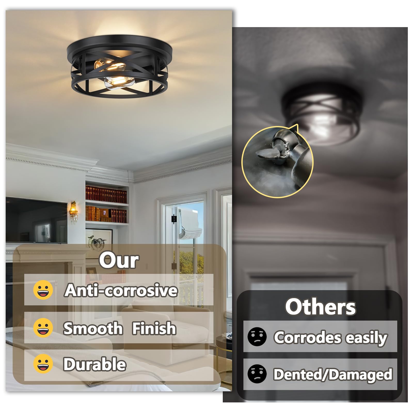 2-Light Flush Mount Ceiling Light Fixtures, 2-Pack Farmhouse Black Ceiling Lights, Industrial Metal Cage Light Fixtures Ceiling