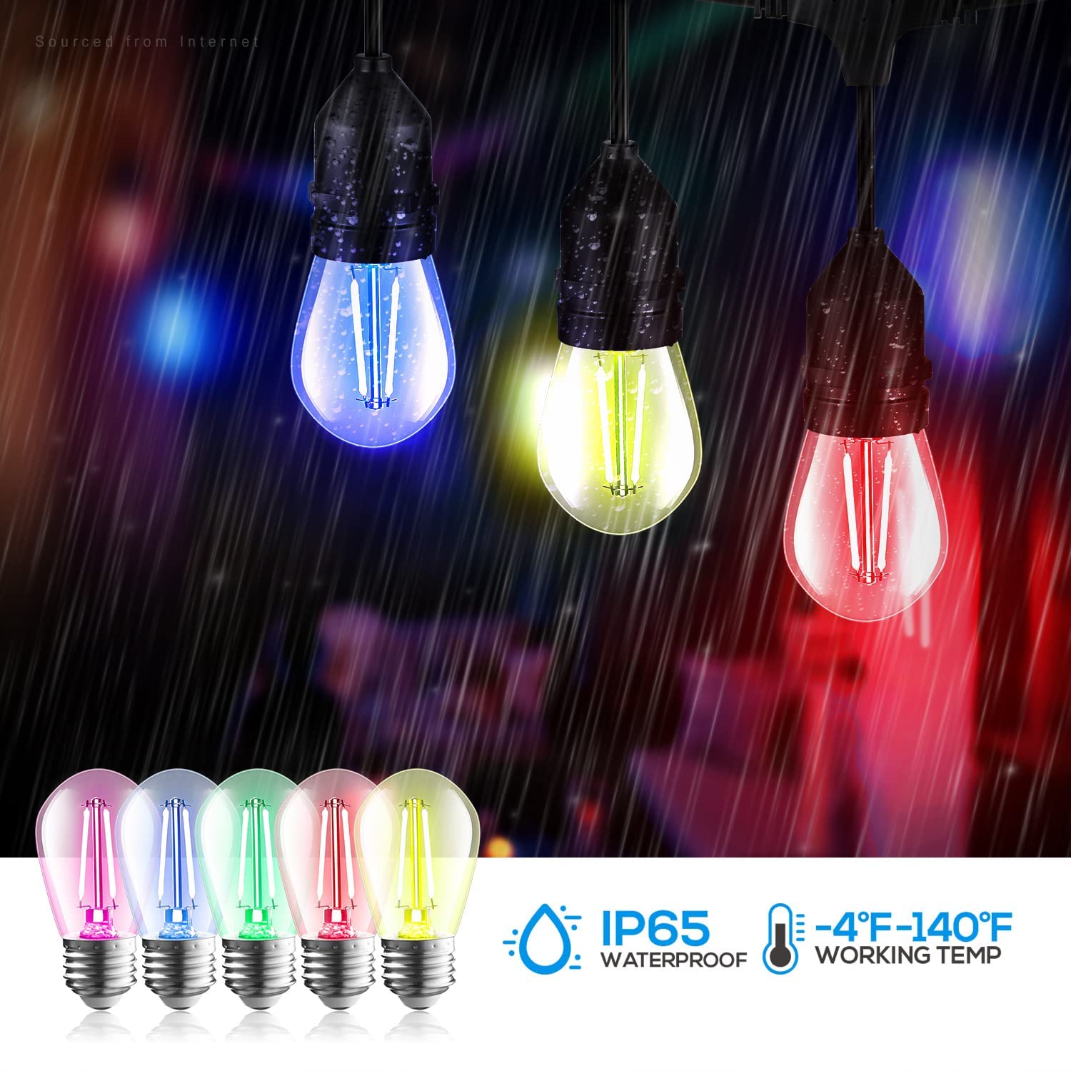 TORCHSTAR S14 Colored LED String Light Bulbs, 15-Pack, E26 Base, 1.2W, Waterproof, Shatterproof, Multi Color, Model 91707