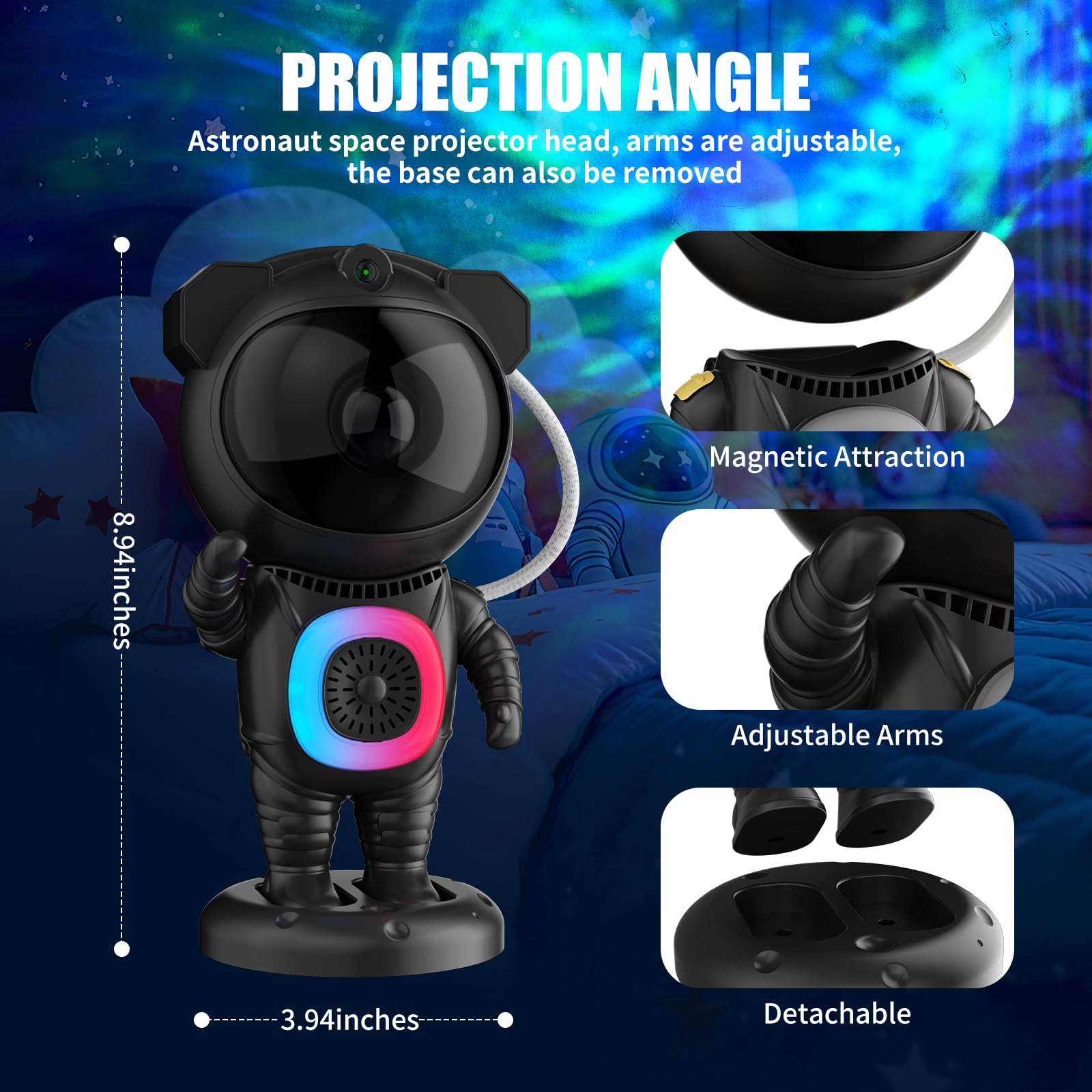 Jioote Astronaut Galaxy Projector with Bluetooth Speaker, 360° Adjustable, Small, Black, Model JN117