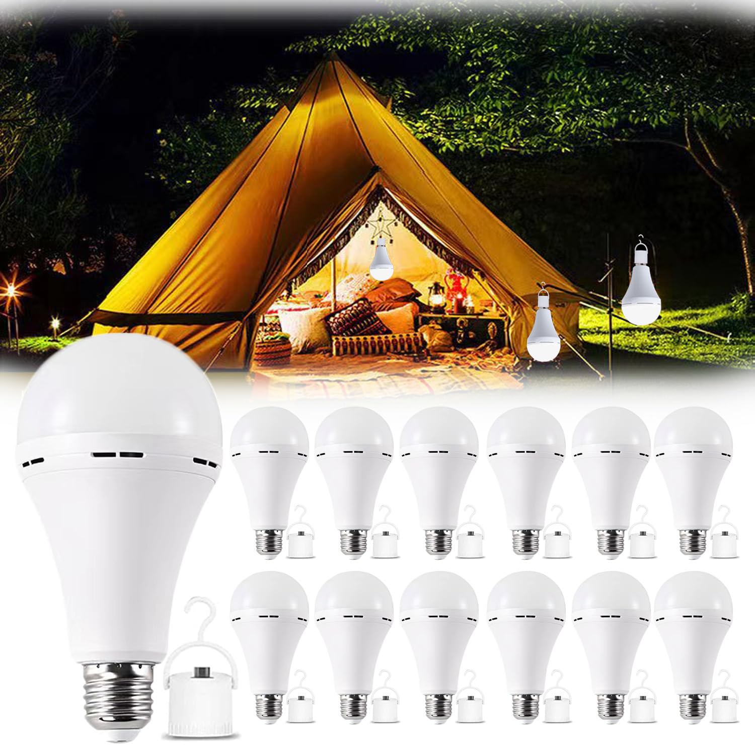 12Pack White Rechargeable Emergency 15W Led Light Bulb,Stay Lights Up When Power Failure,100W Equivalent,1500Lm,White Light 6000