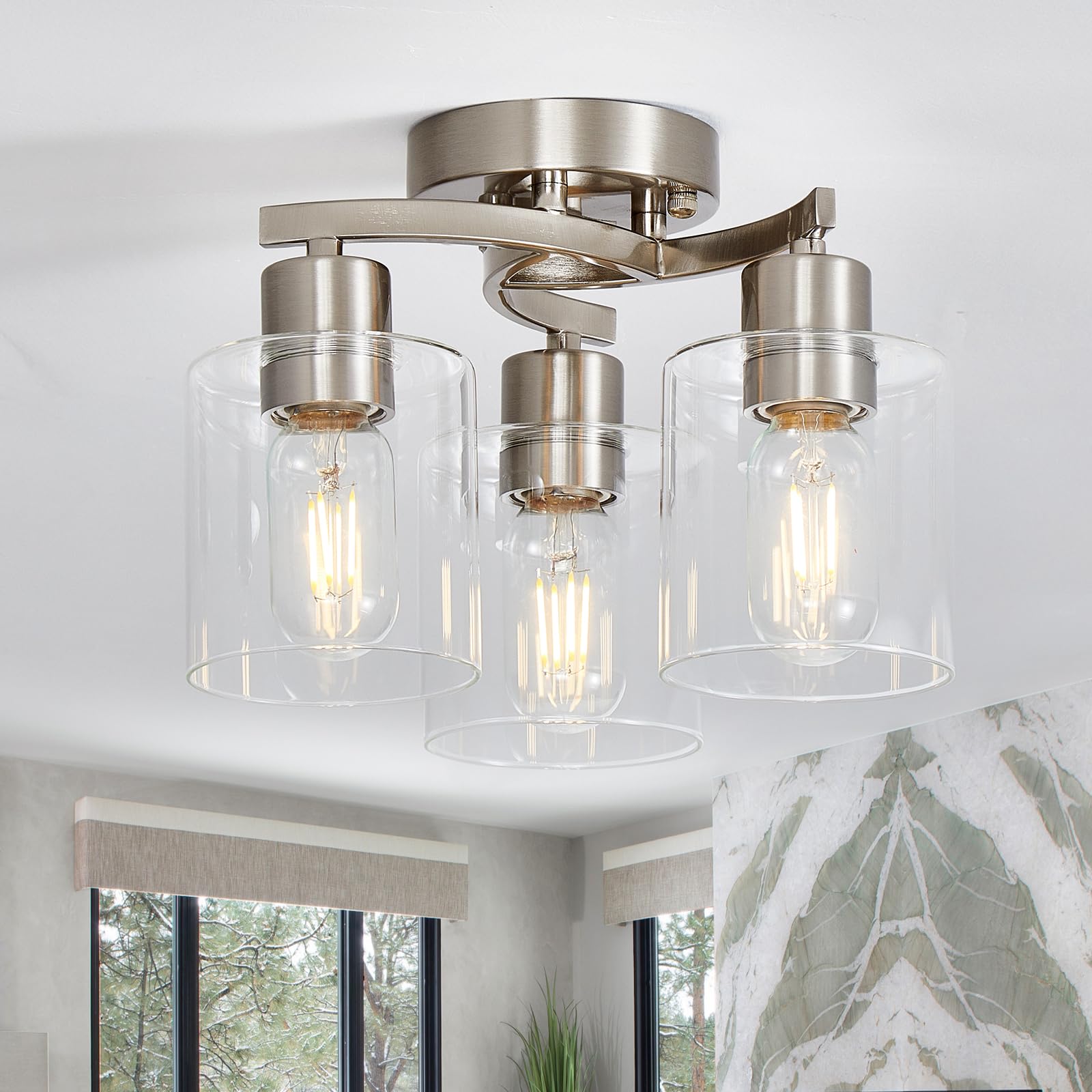 Brushed Nickel Flush Mount Ceiling Light, Kitchen Lighting Fixtures Ceiling, 6-Light Dining Room Light Fixture With Clear Glass Shade, Modern Ceiling Light Fixture For Bedroom, Living Room, Entryway