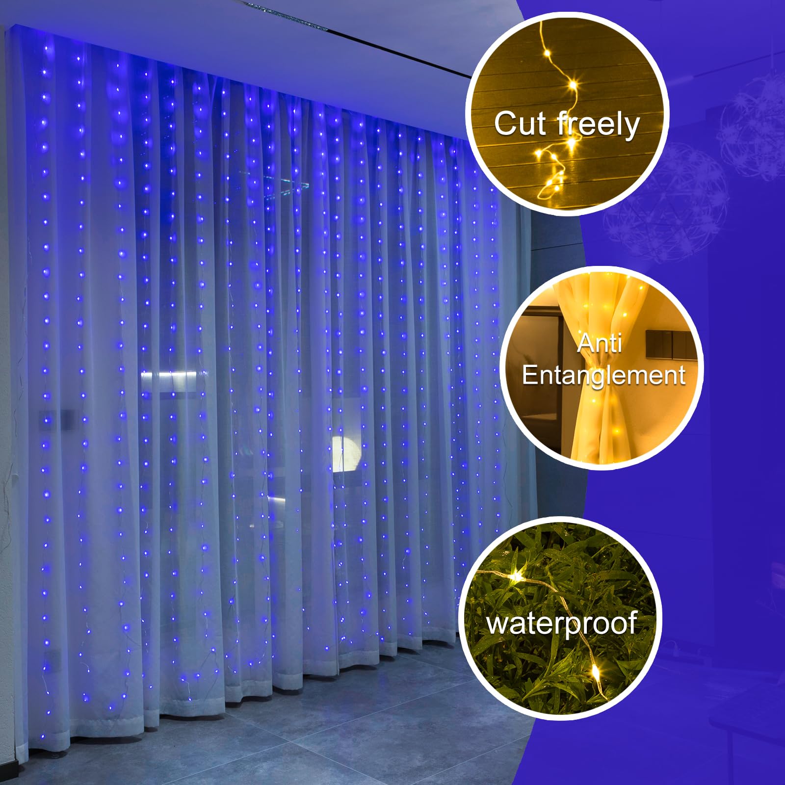 Sinamer Blue Pixie Curtain Light, 9.8Ft X 9.8Ft Untangled Copper Wire String Lights, Usb Powered Hanging Window Fairy Lights, 8 Lighting Modes, Remote Control For Home Christmas Wedding Party