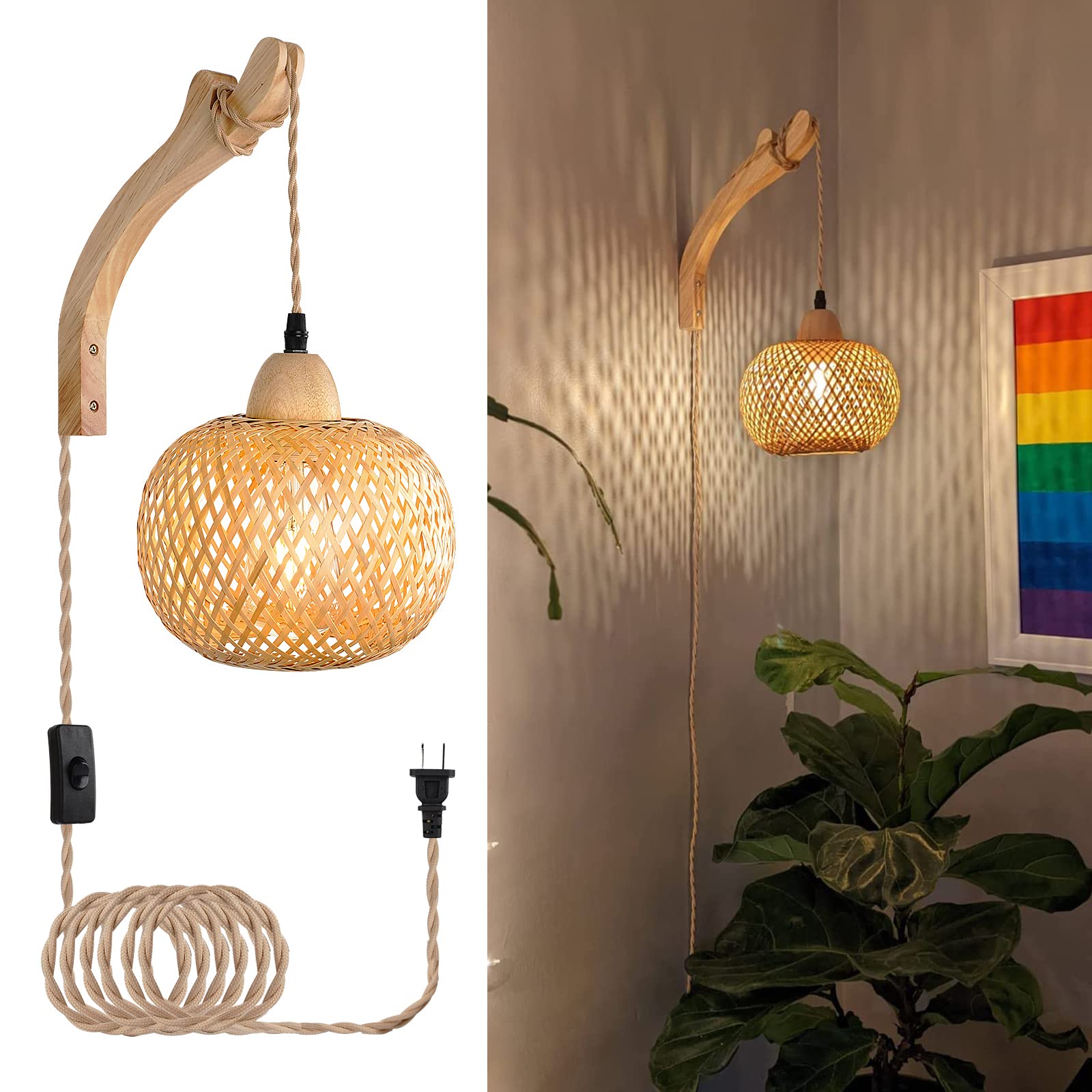 Frideko Bamboo Lantern Plug In Wall Sconces Wicker Wall Lamp With Plug In Cord Hand Woven Rattan Wall Light Farmhouse Rustic Wal
