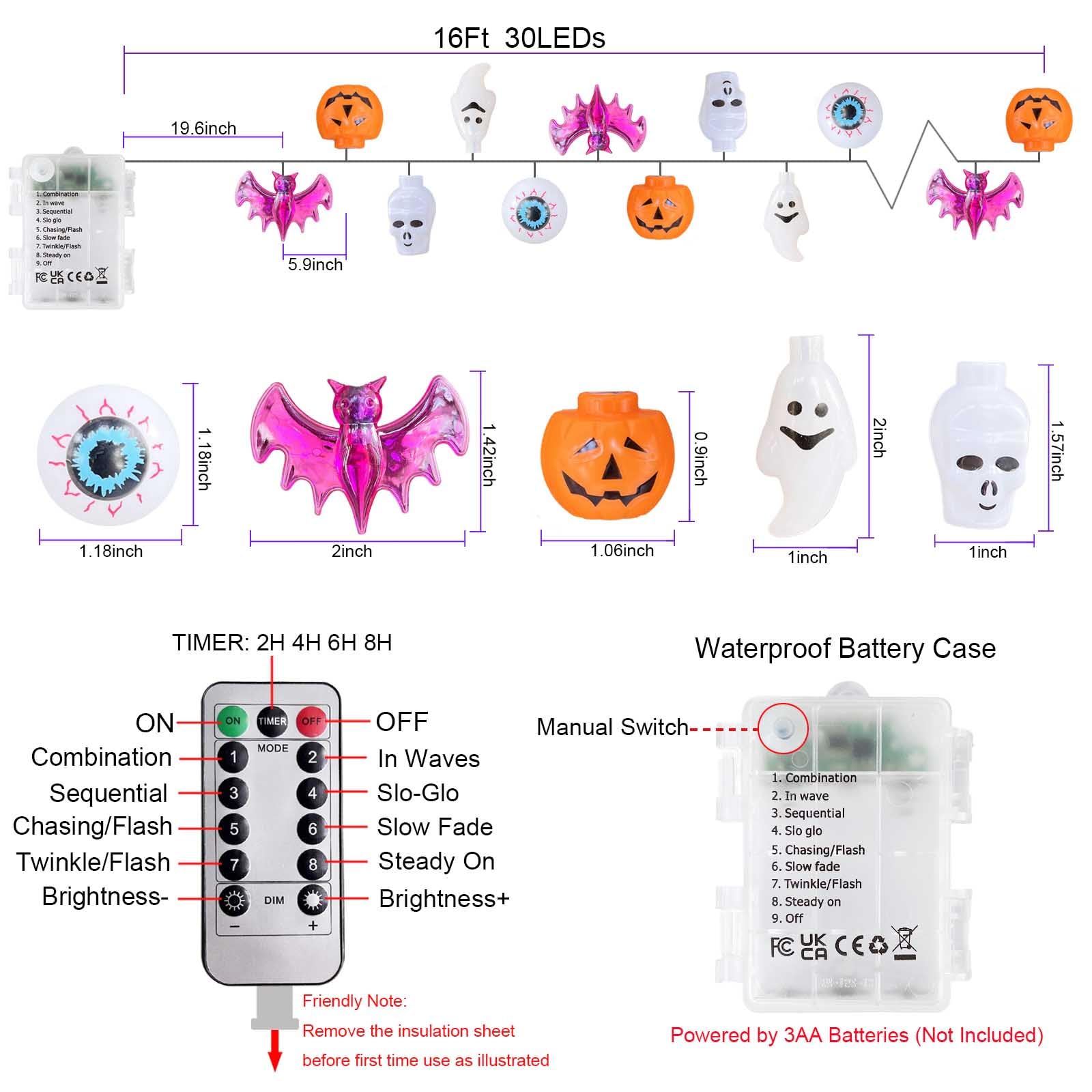 5-In-1 Battery Operated Halloween Lights, Spooky Indoor Outdoor Halloween Decorations,Pumpkin Ghost Skull Bat Eyeball String Lights For Halloween Party Garland Wreath Fireplace Porch Window Door Decor