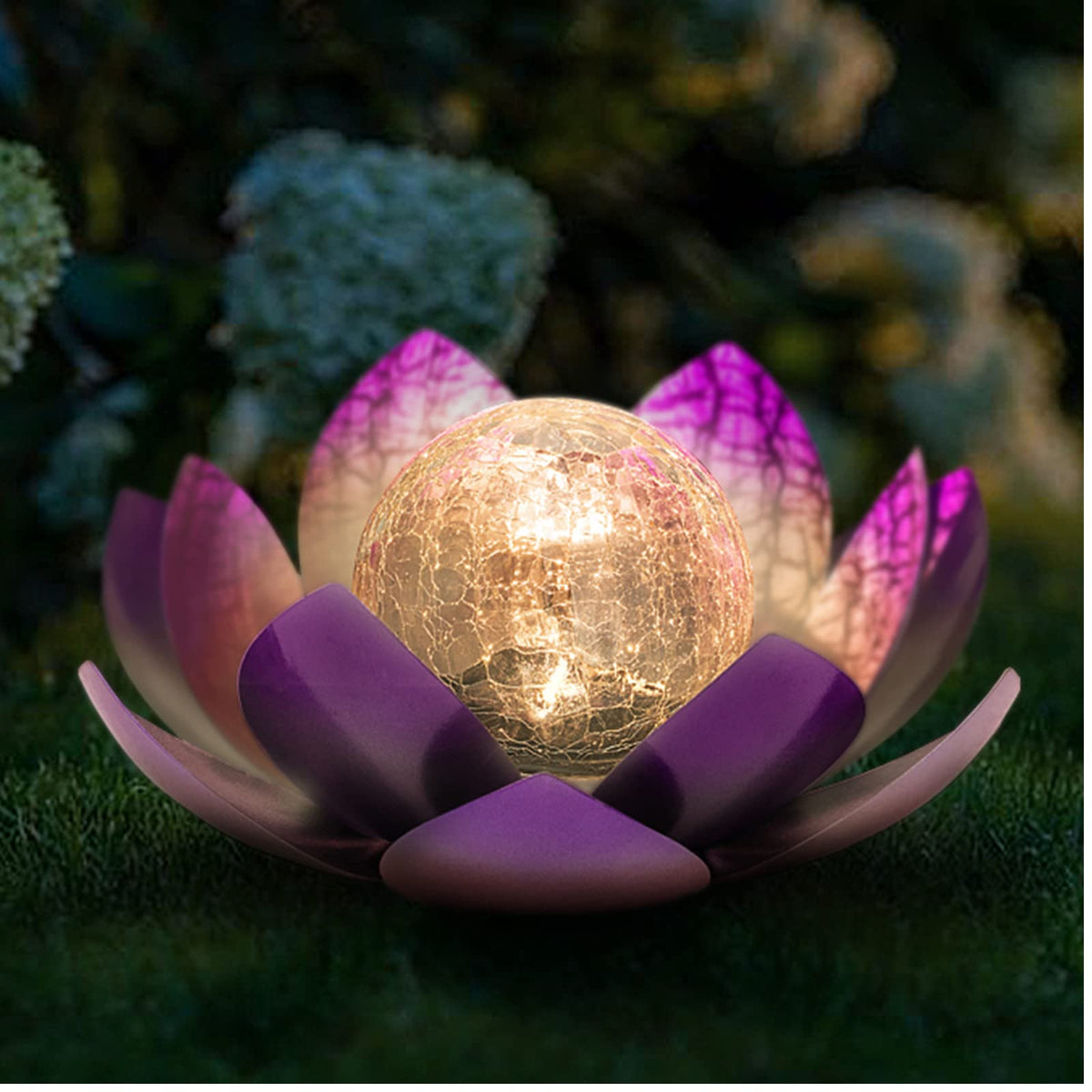 Huaxu Solar Lights For Outdoor Decor,Purple Lotus Light,Waterproof Led Crackle Globe Glass Flower Light For Garden, Patio, Yard,