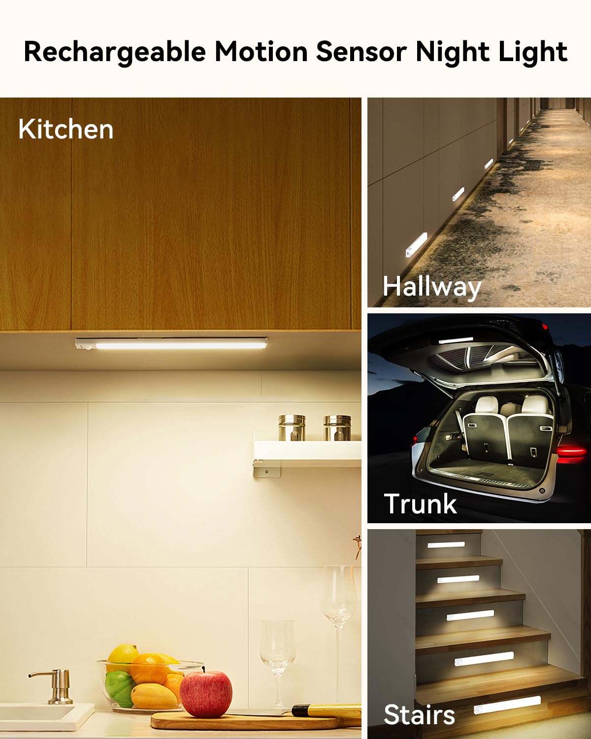 Rihvy Under Cabinet Lighting - 8" Rechargeable Motion Sensor LED Light, Dimmable, Battery Operated, White, 3 Pack