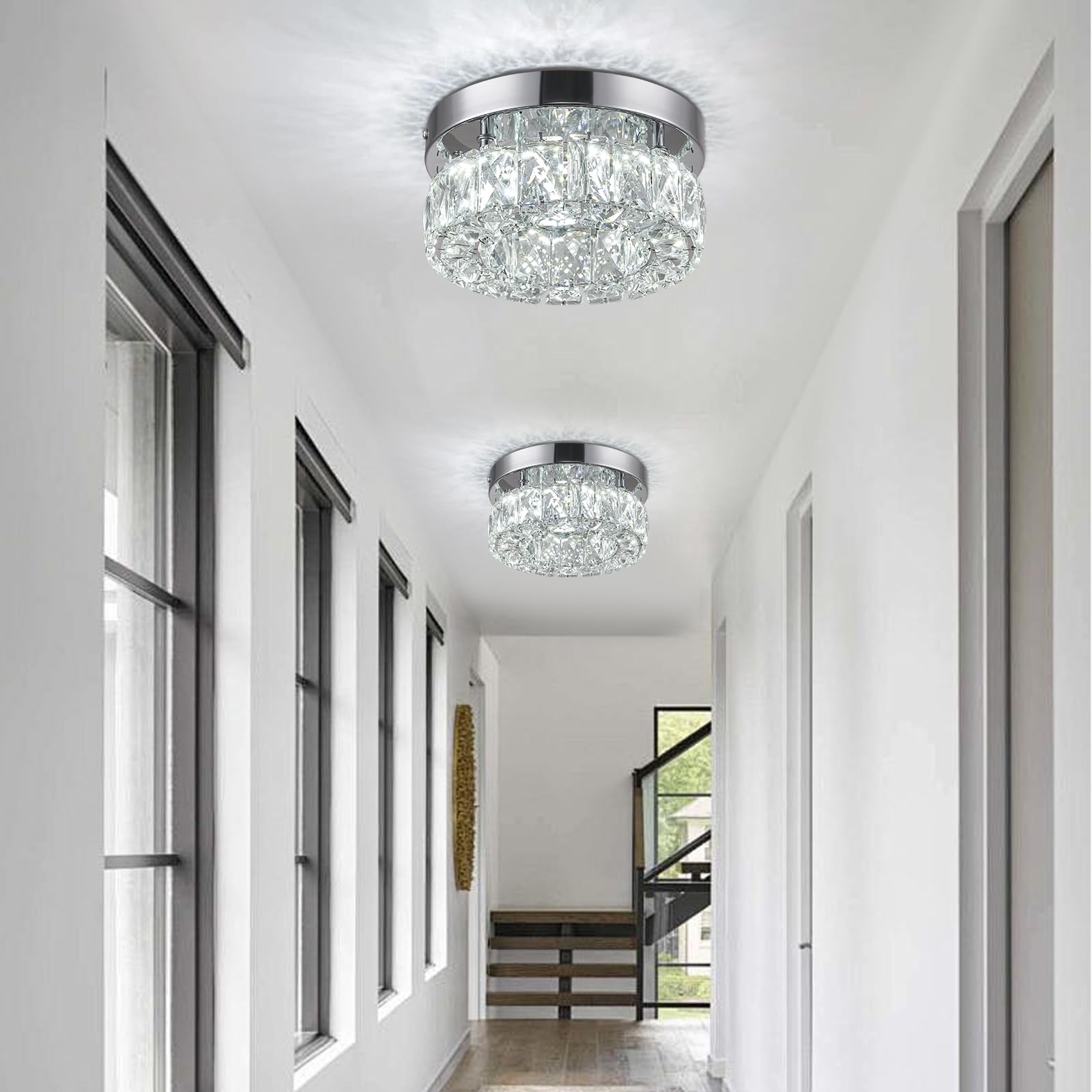 7.9 Inch Modern Mini Crystal Chandelier Led Flush Mount Ceiling Light - 16W 6000K Cool White, Round Crystal Lamp For Hallway, Ki