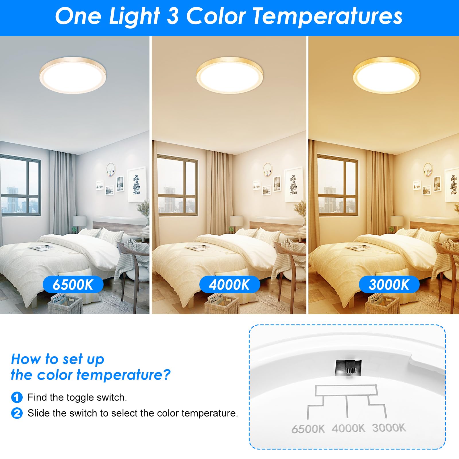 Peasur 12 Inch LED Ceiling Light, 24W Slim Flush Mount, 3000K/4000K/6500K Adjustable, Gold, Model CLS29A-2-GD