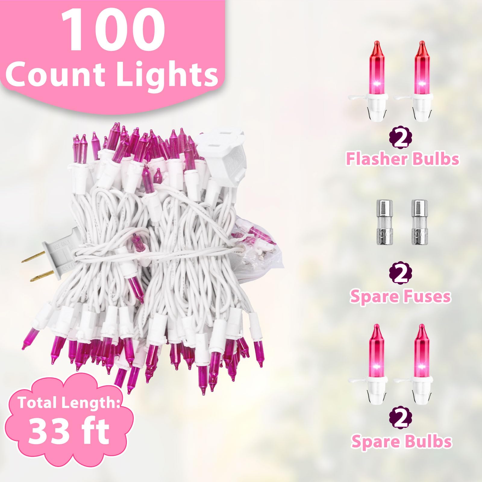 Cxlho Pink String Lights 33Ft 100 Incandescent Bulbs Pink Mini Lights With White Wire For Valentine'S Day, Wedding, Garland, Tha