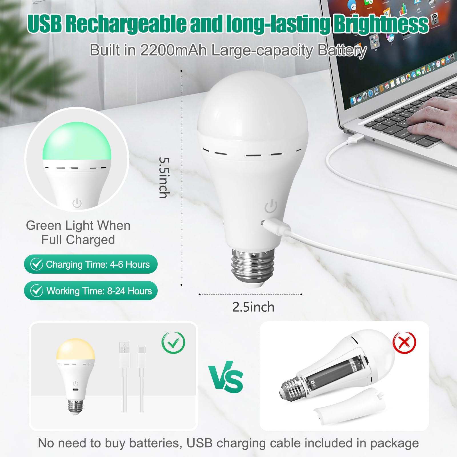 Bailoch Wireless Rechargeable Light Bulbs With Remote, 1Pack Led Cordless Battery Operated Light Bulbs For Lamps, E26 Battery Po
