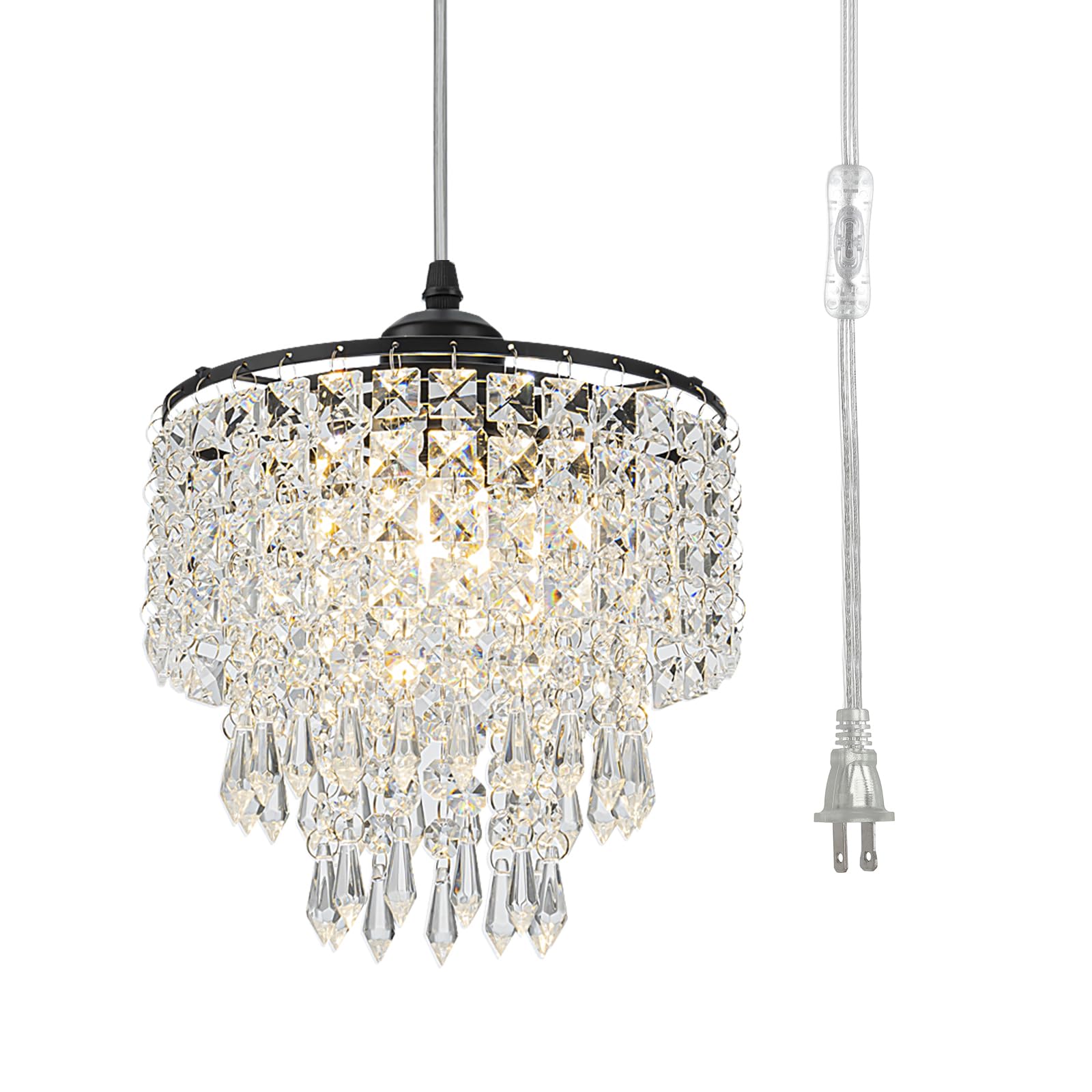 8'' Chandelier Plug In Crystal Chandelier Pendant Light Plug In With 16.4Ft Cord Hanging Lights 3-Tier Crystal Raindrop Chandeli