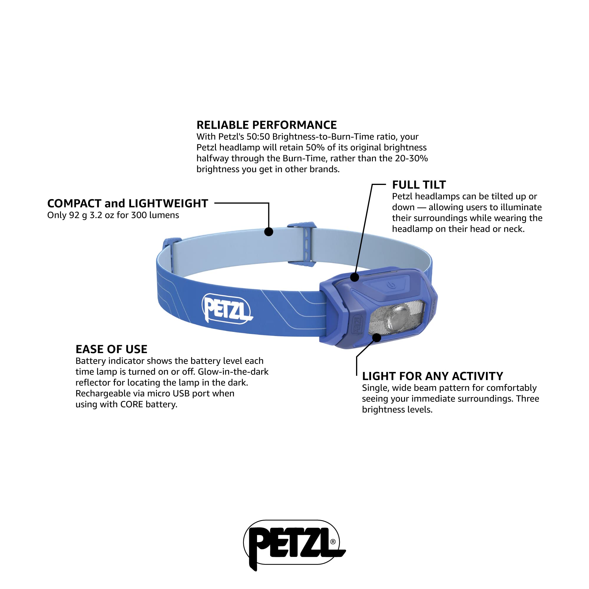 PETZL TIKKINA Headlamp - Compact, Easy-to-Use 300 Lumen Headlamp, Designed for Hiking, Climbing, Running, and Camping - Blue