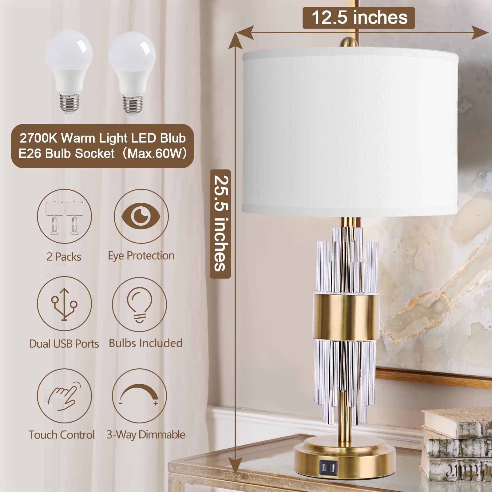 QiMH Table Lamp Set of 2, Brushed Gold, Touch Control, USB A+C Ports, White Shade, Modern Nightstand Lighting for Living Room & Bedroom