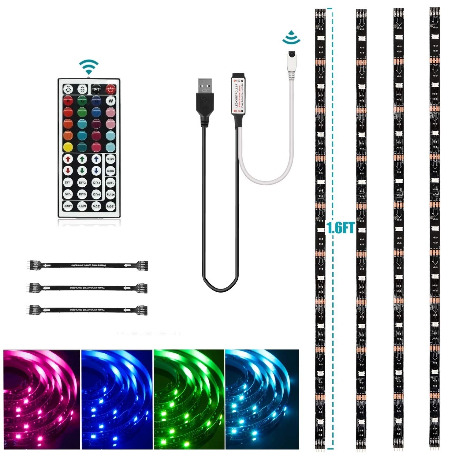 HOUHUI USB LED Strip Lights Kit, 4 Pre-Cut 1.64ft RGB Light Strips, Color Changing LED Backlights for TV, PC, Home Theater
