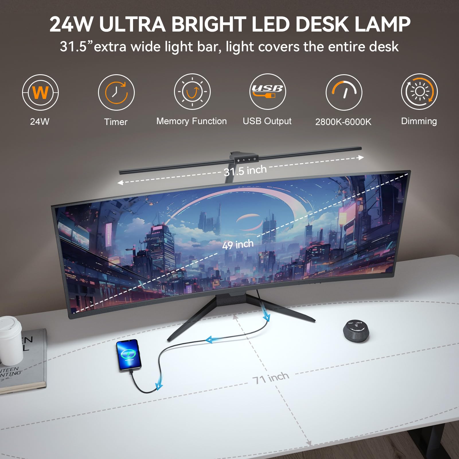 Led Desk Lamps With Clamp For Home Office,Remote Control Eye-Caring Table Lamp With Clamp,24W 7 Dimming/5 Color Modes/Timer,Adju