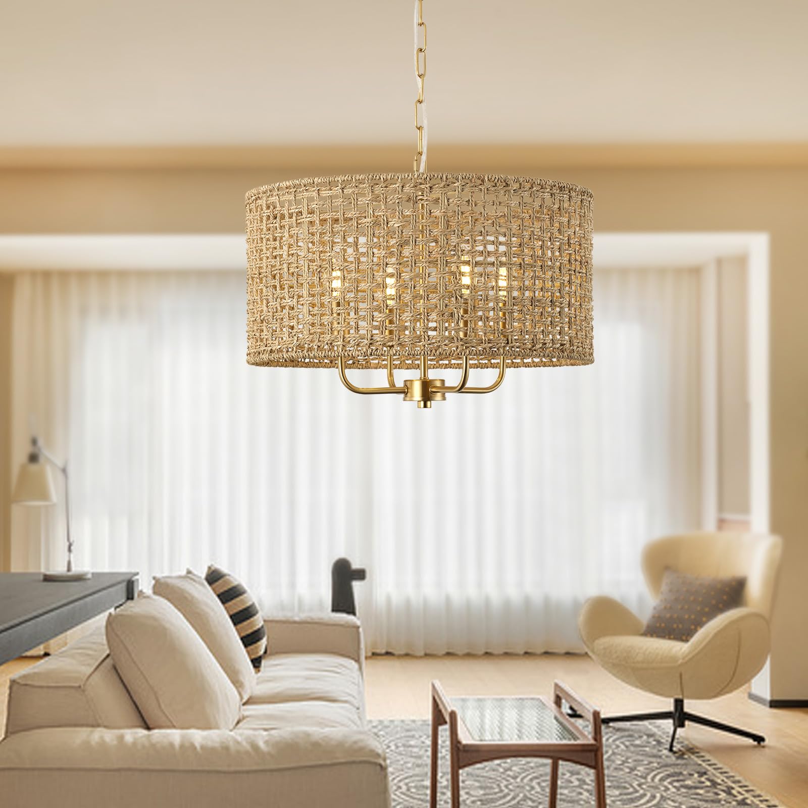 Giutna Rattan Drum Chandelier, 4-Light Bohemian Pendant Light Fixture, Gold, Hand-Woven for Dining Room, Entryway, Living Room, CHANDELIER02