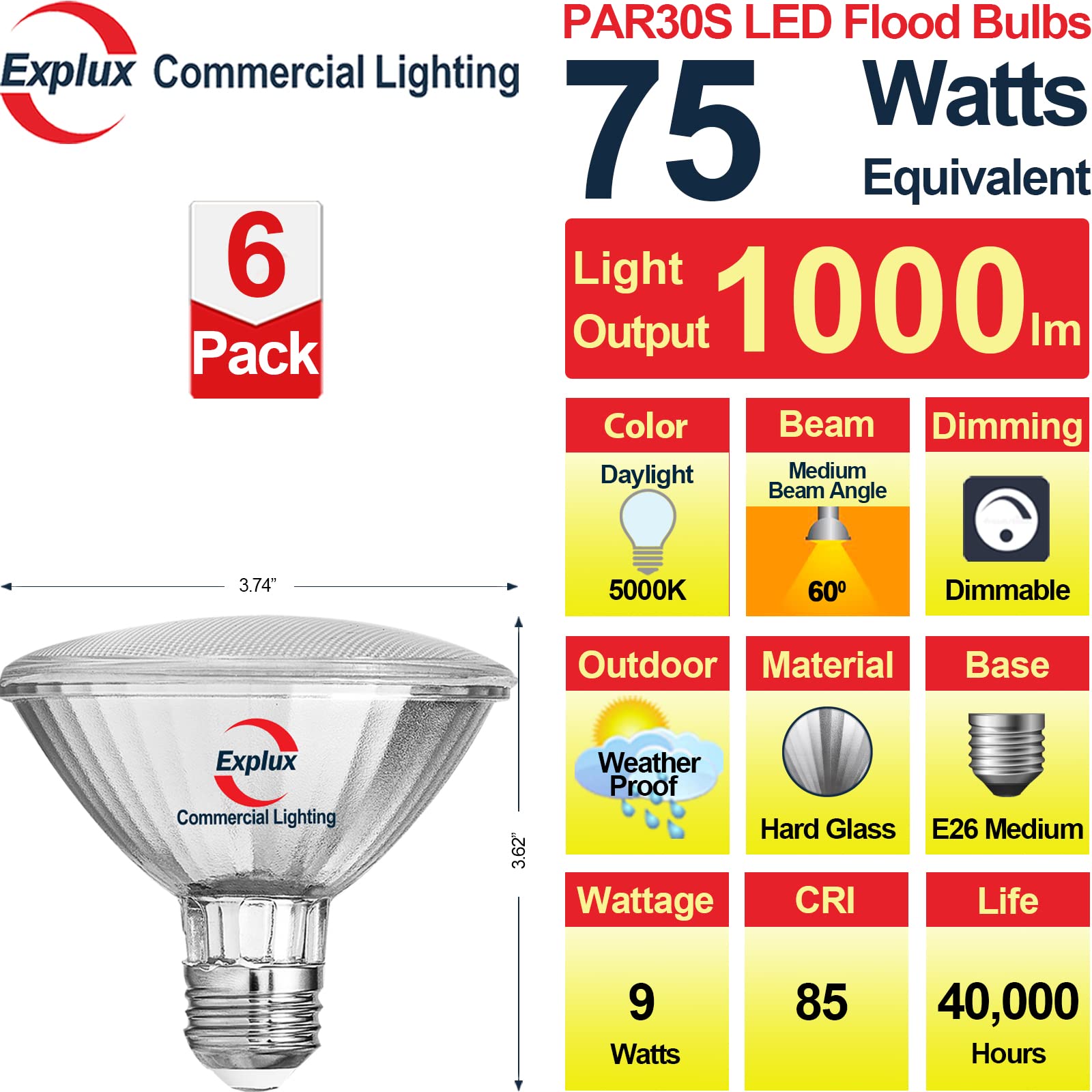 Explux Commercial LED PAR30 Flood Light Bulbs, Dimmable, 5000K, Hard Glass, 75W Equivalent, 6-Pack