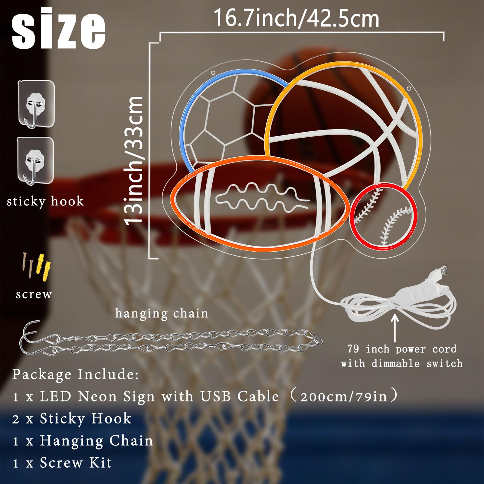 Nen Sign 4 Ball Combination Sport Neon Sign - Soccer, Basketball, Baseball, Football - LED Wall Decor for Boys Bedroom, Playroom, Man Cave