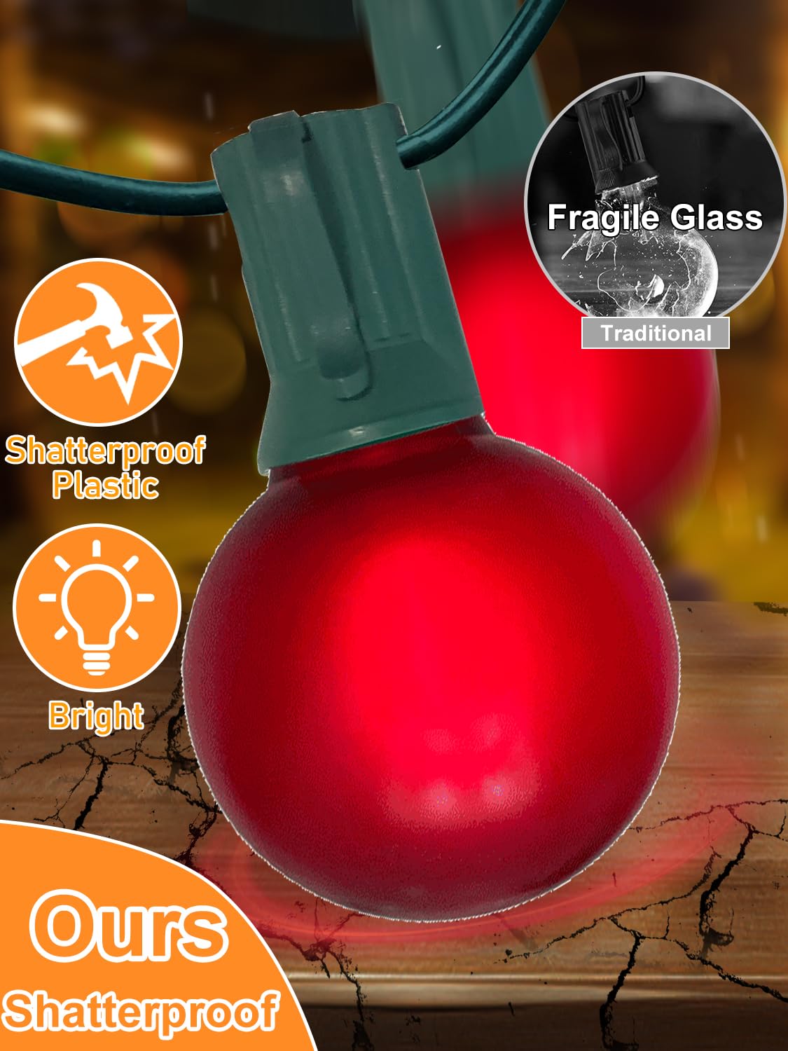 50Ft G40 Vintage Outdoor Christmas Lights - 27 Led Frosted Red-Green Globe Strings (2 Spare), For Patio, Balcony, Roofline, Hous