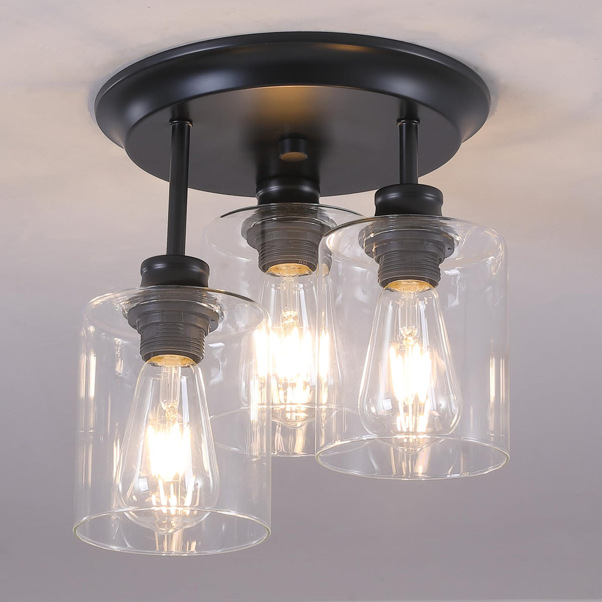 Winsmart Semi Flush Mount Ceiling Light, Matte Black Kitchen Light Fixtures Ceiling Mount With Clear Glass Shades, 3-Light Close