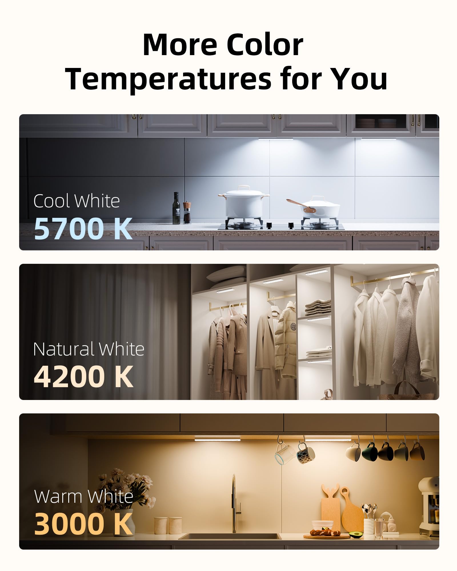 Ezvalo 62 Led Under Cabinet Lights, Rechargeable Motion Sensor, Dimmable, 3 Color Temps, 6Pack