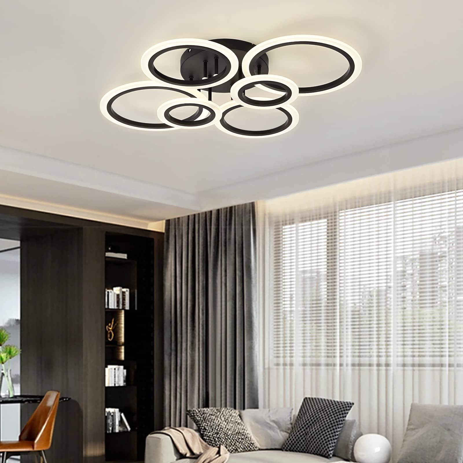 Teminbu Modern Led Ceiling Light, Black 6 Rings Flush Mount Ceiling Light, 4000K Lighting Fixture Ceiling Lamp For Kitchen, Bedroom, Living Room, Laundry Room