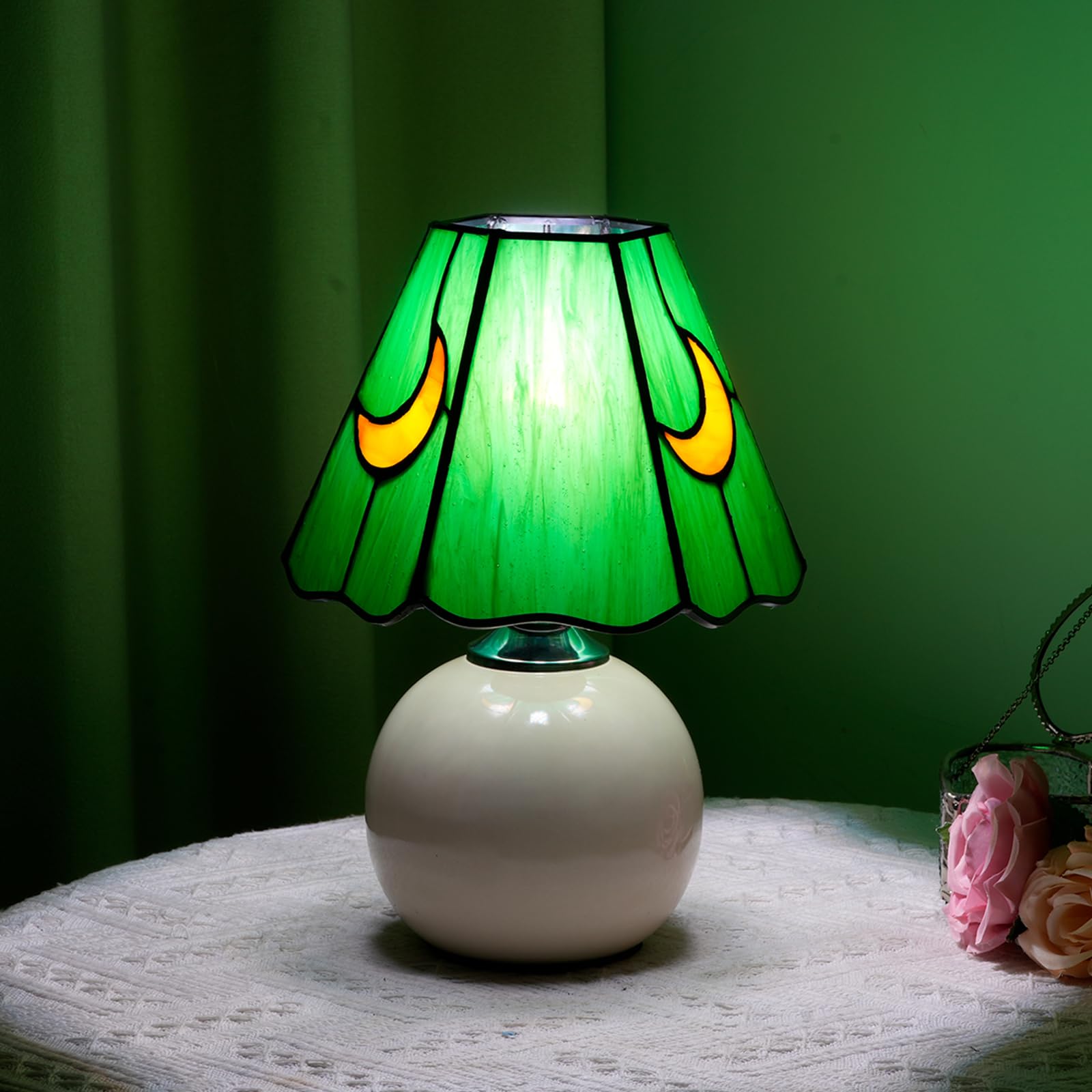 KIPHEPI Tiffany Stained Glass Mushroom Lamp, Small Bedside Table Light, Green, Model OFU1205