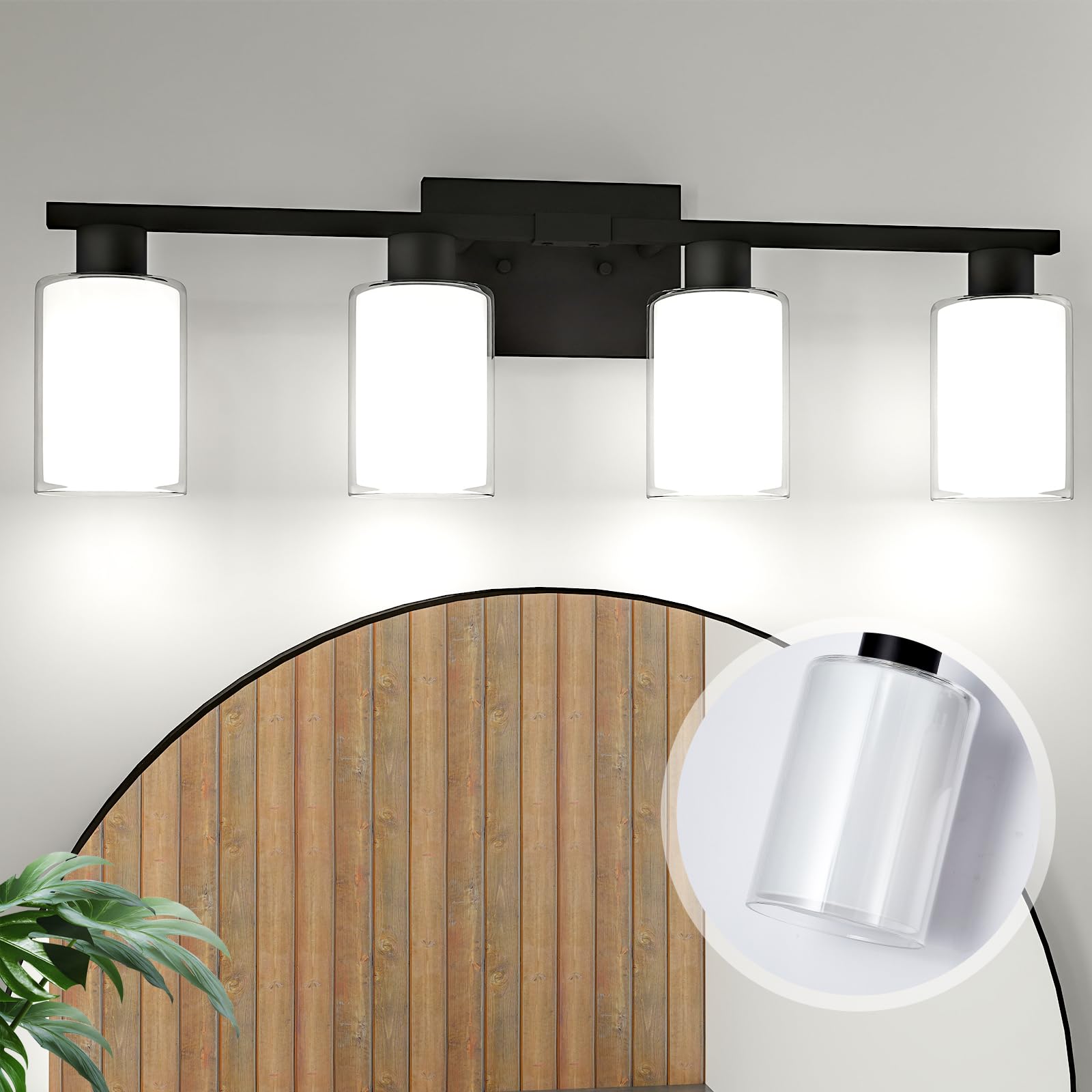 Black Bathroom Light Fixtures Over Mirror, 4 Lights Matte Black Vanity Lights, Modern Black Bathroom Vanity Lights With White Glass And Clear Glass Shades, Bath Wall Sconces Lighting For Living Room