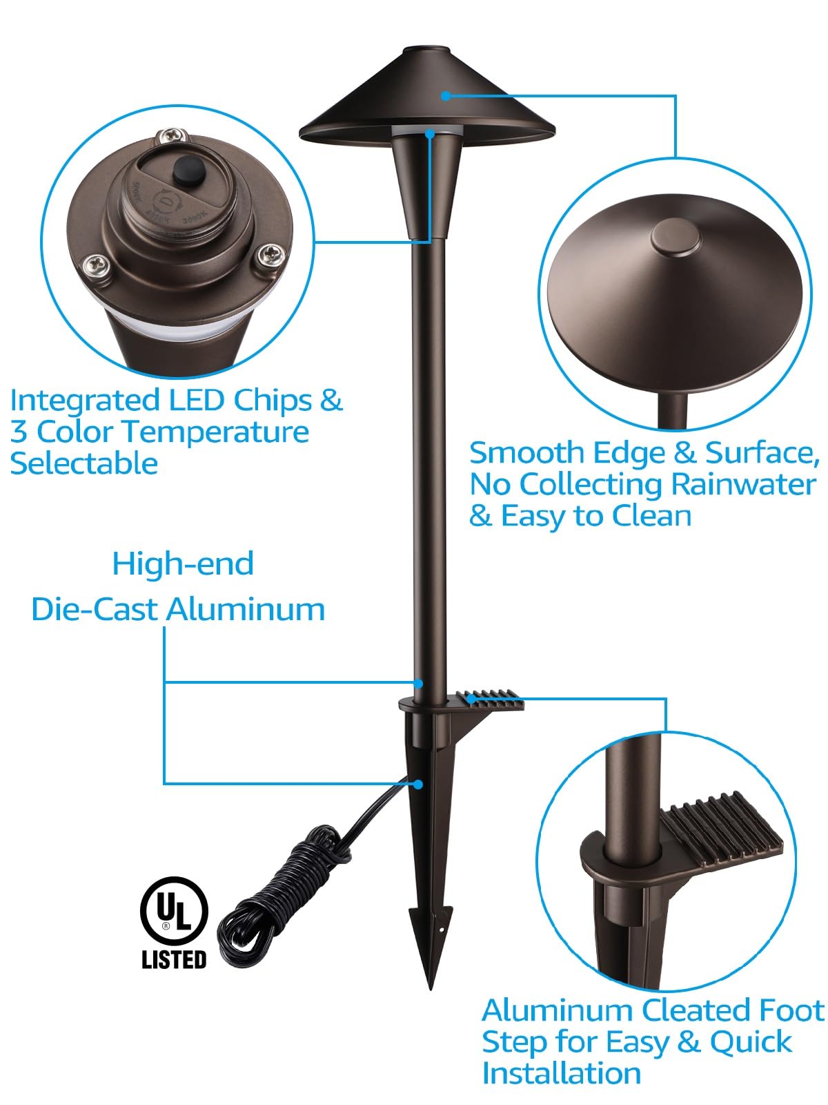 LEONLITE 3CCT Low Voltage Path Lights, 12-24V, IP65, Aluminum, Oil-Rubbed Bronze, Pack of 6, Model 99304