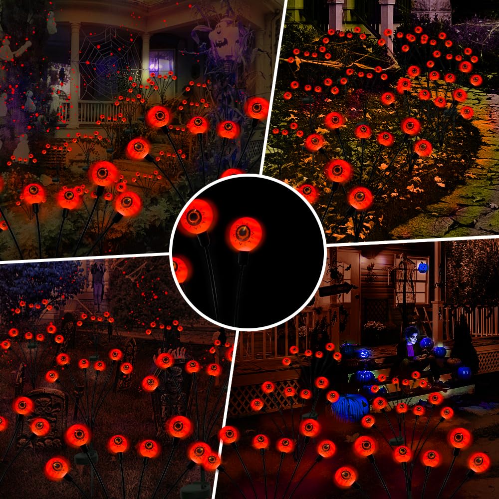 Behiller Solar Halloween Decorations - 12Led Scary Eyeballs Firefly Lights, Orange, 2Pack