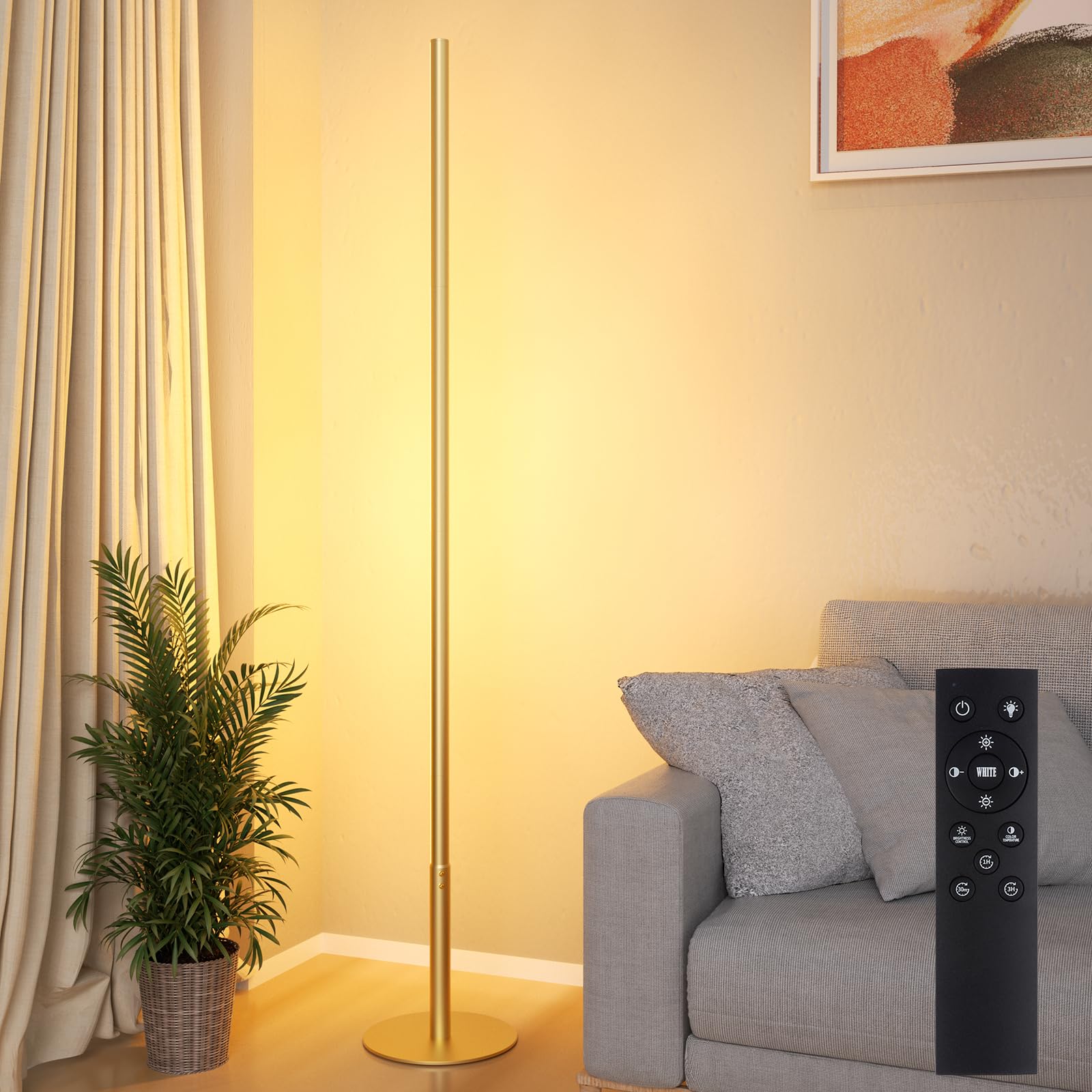 Marlrin Minimalist Corner Floor Lamp LED 2700K-6500K Dimmable Remote Control 57.8in Gold RTL112