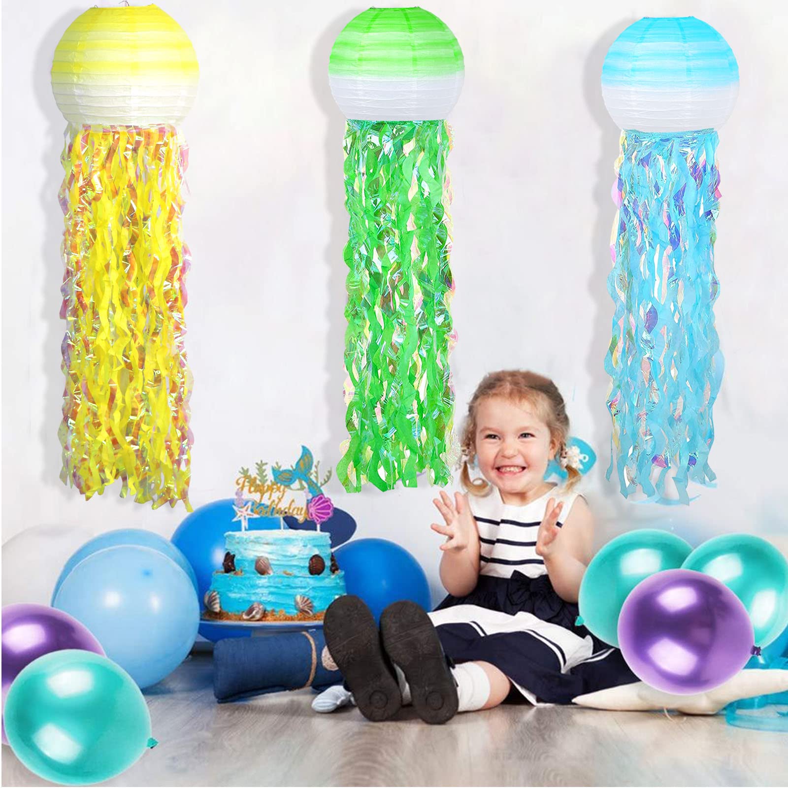 6 Packs Jellyfish Paper Lanterns Hanging Mermaid Wishes Lantern Gradient Yellow Blue Green Ocean Theme Party Supplies Great For