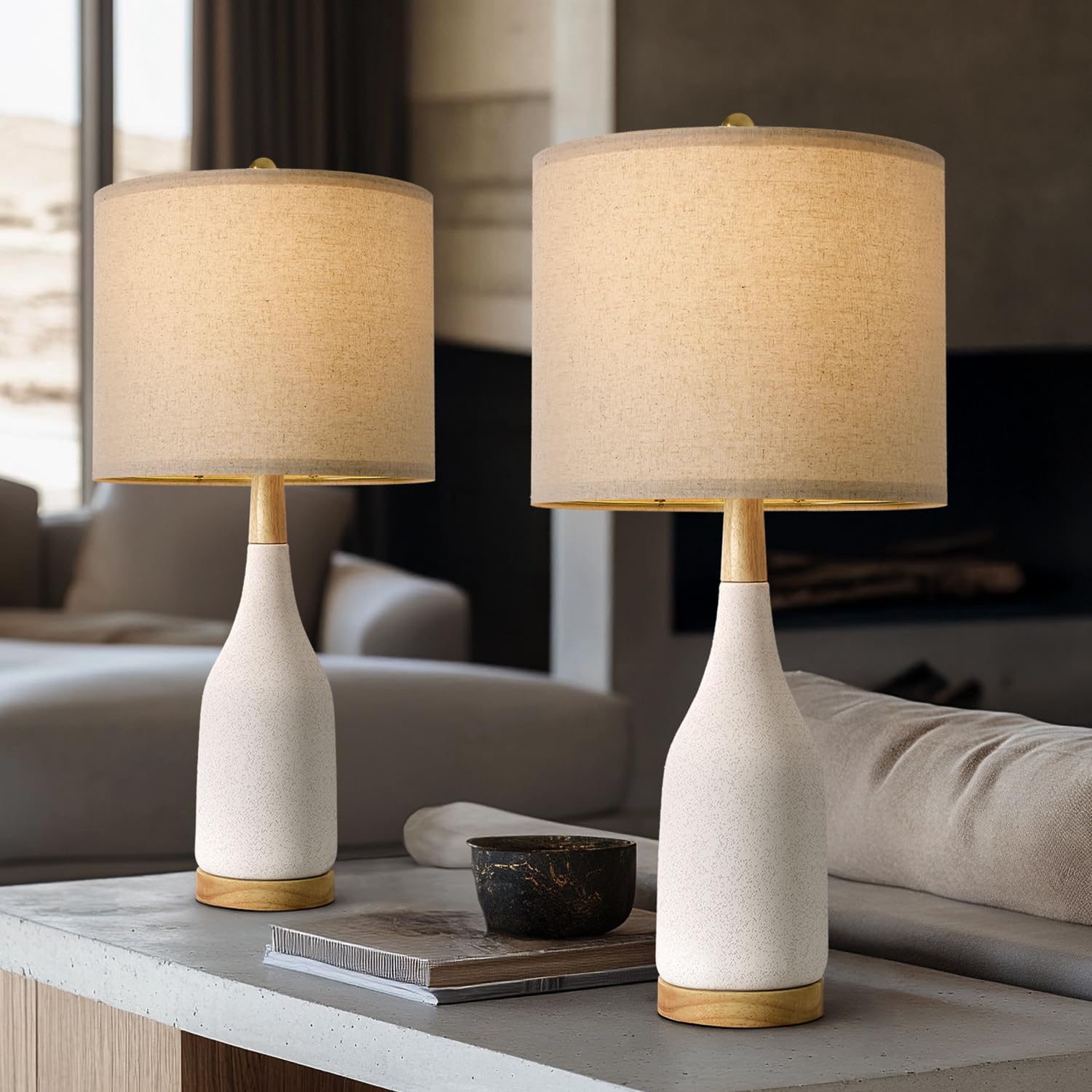 Portres 27 Ceramic Table Lamps For Bedroom Living Room Vintage Lamp Set Of 2 Bedside Nightstand Lamp Large Farmhouse Rustic Boho Retro Modern Table Lamp Light Home Office Desk Deco Gifts  White