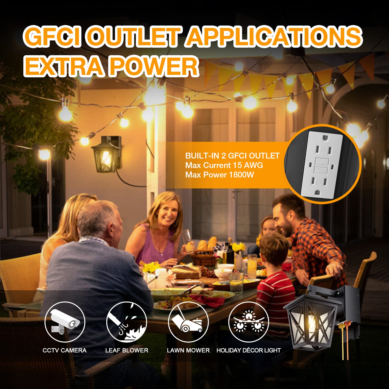 Ehaho Porch Light with Outlet, Waterproof Lantern, 2-PCS, Black, Model EH-BD03-LS-2