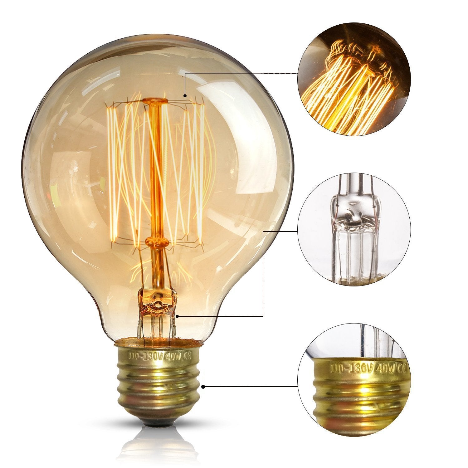 CTKcom Vintage Edison Bulbs - Antique Dimmable 40W Equivalent - 4 Pack - Warm Yellow - Brass E26/E27 Base G80 110V