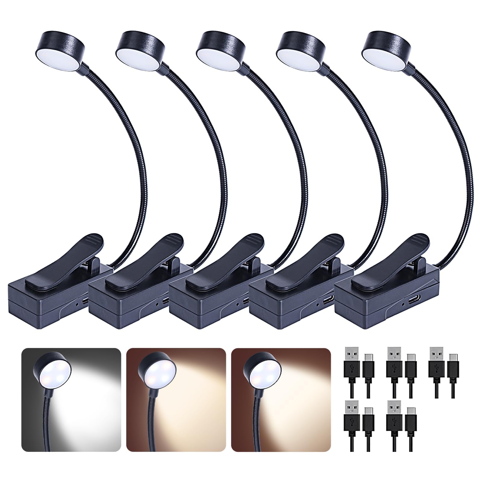KunHe 5 Pack Rechargeable Book Light Bulk Clip-On Reading Lights for Books in Bed Long-Lasting 3 Modes & 3 Brightness Levels Com