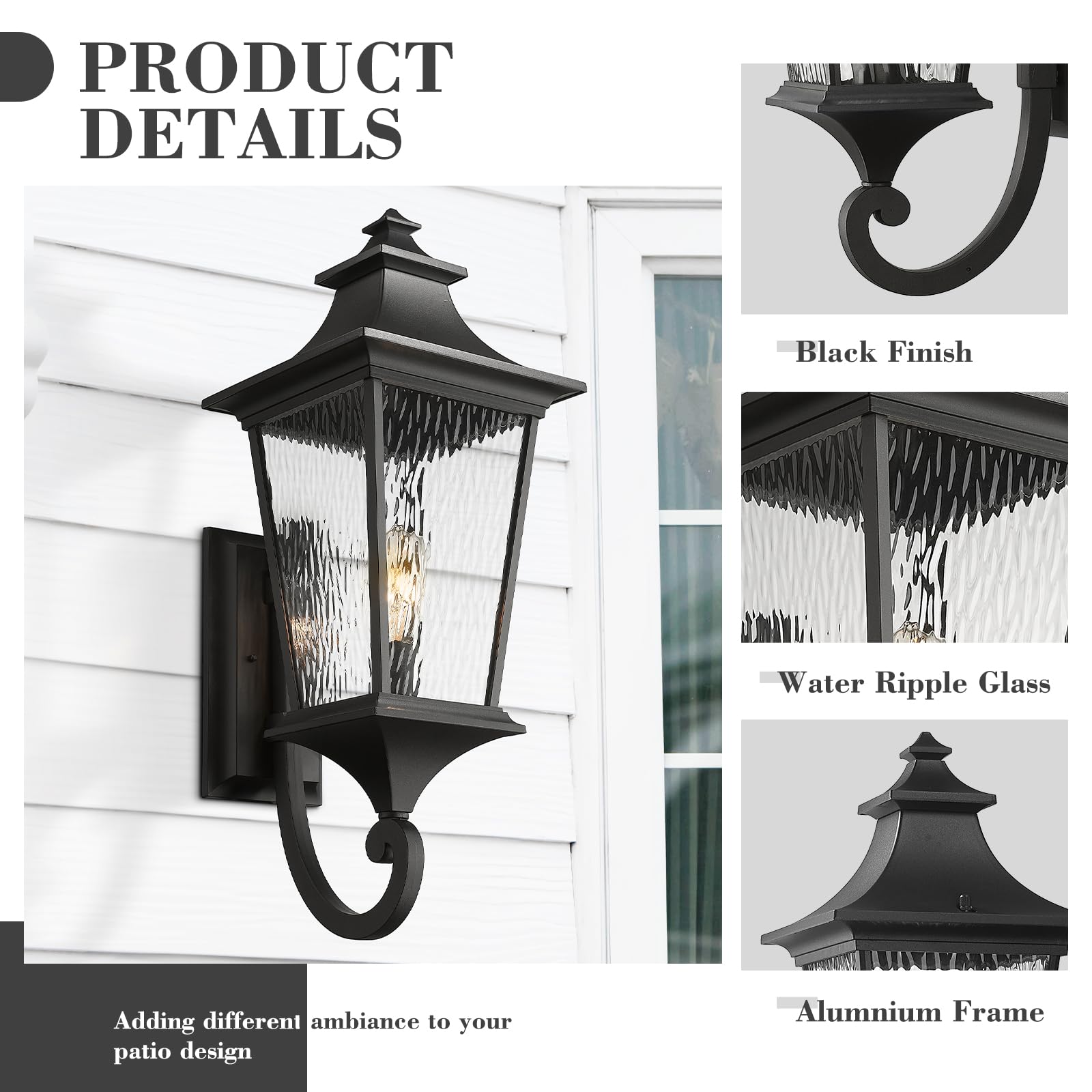 Emliviar 29.3'' Large Exterior Wall Light, Outdoor Wall Sconce Suitable For House Porch, Water Ripple Glass In Black Finish, Xe2