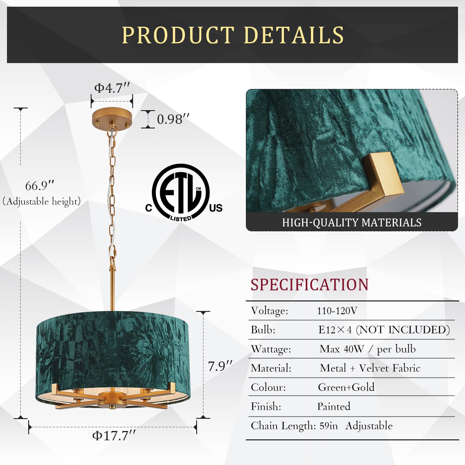 CATINER 4-Light Drum Pendant Chandelier, Vintage Gold & Emerald Green, 18” Round, Metal Velvet Shade, Model P96450GG1