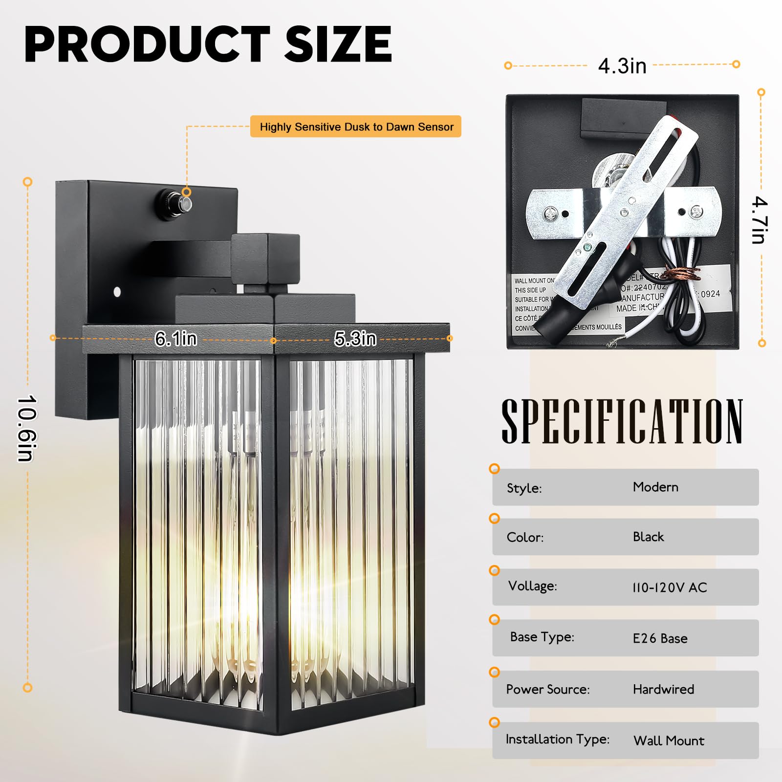 hameso Outdoor Wall Lights - 2-Pack Dusk to Dawn, Waterproof Matte Black, Tempered Glass & Metal, Model G009