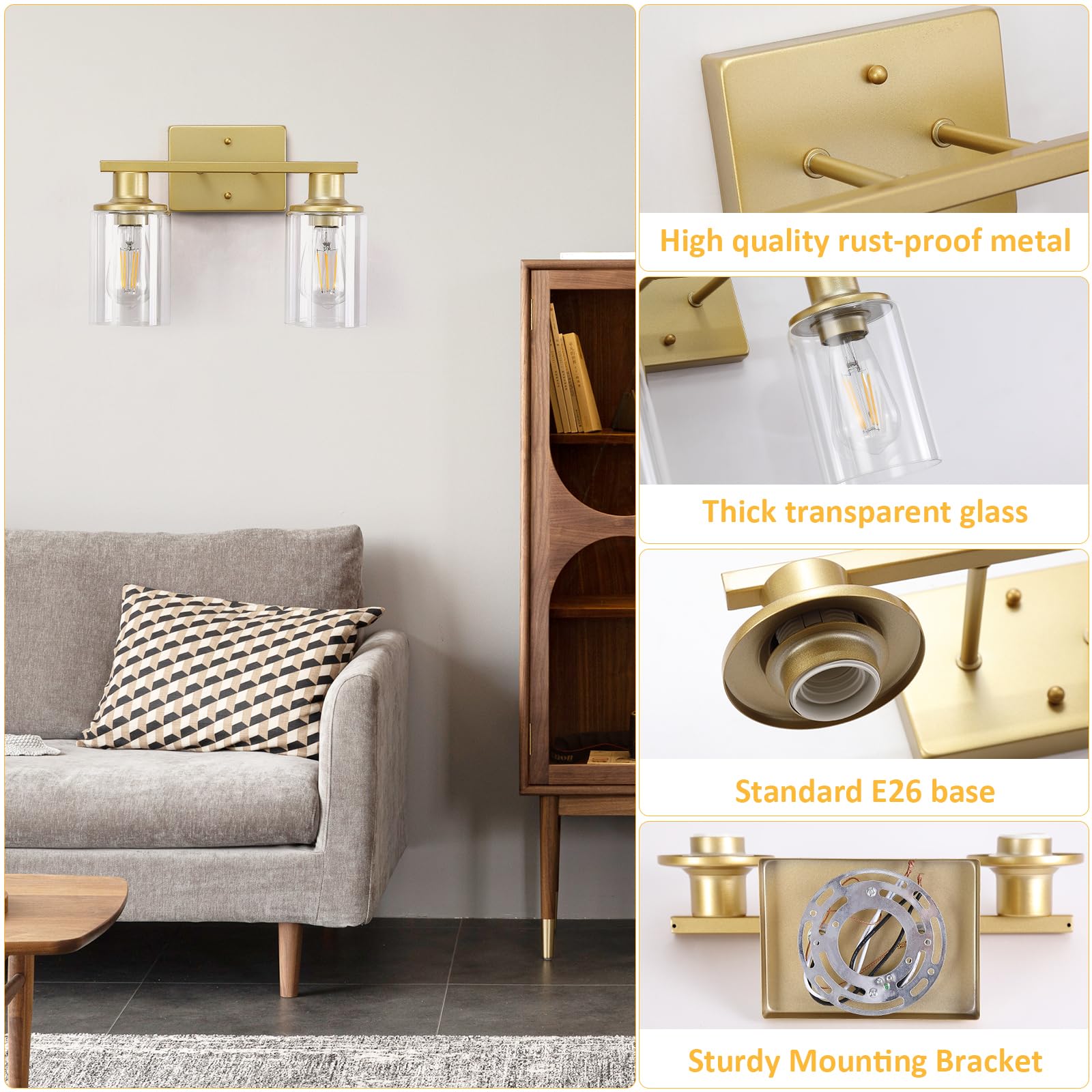 Litaddscen Gold Bathroom Light Fixtures Over Mirror,2-Light Bathroom Vanity Light With Clear Glass Shade,Modern Farmhouse Wall S